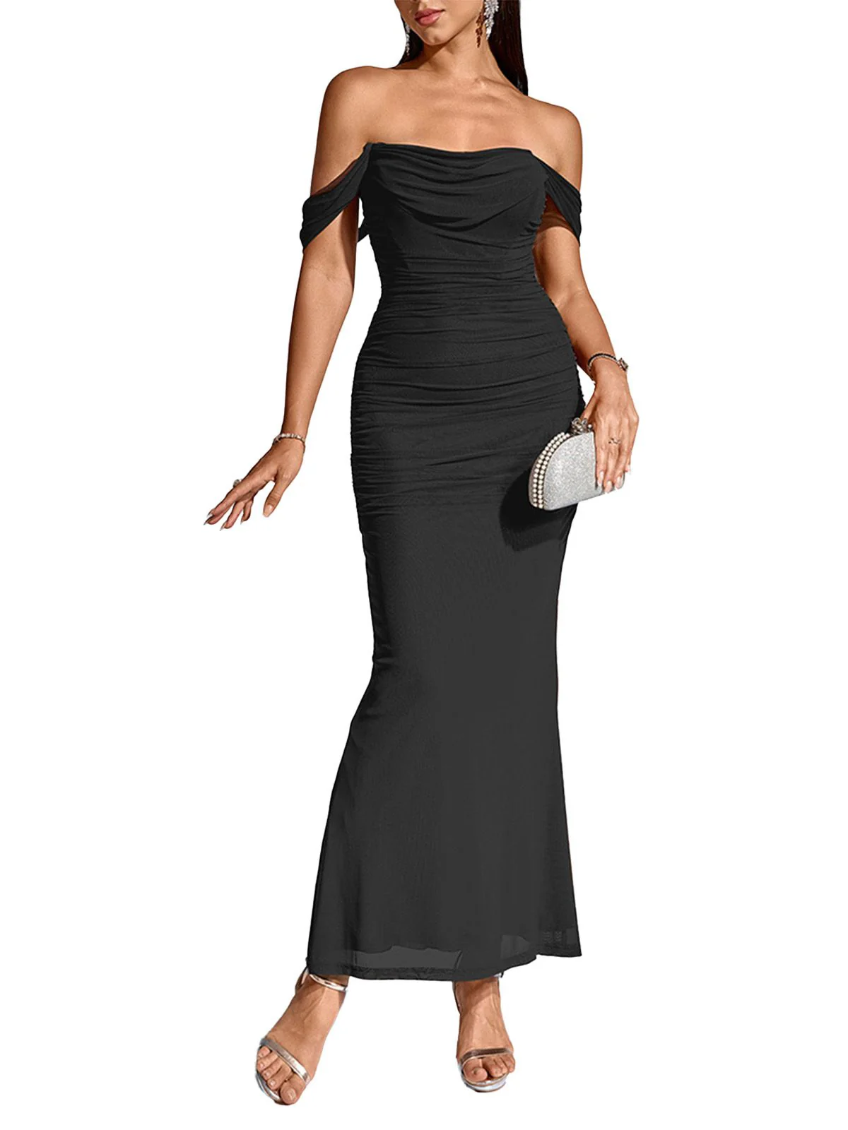 1930s Solid Off-Shoulder Bodycon Maxi Dress - Image 13