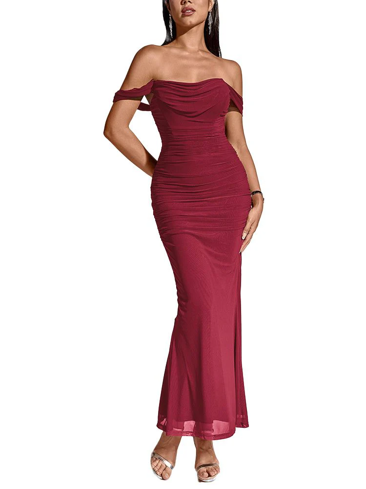 1930s Solid Off-Shoulder Bodycon Maxi Dress - Image 6