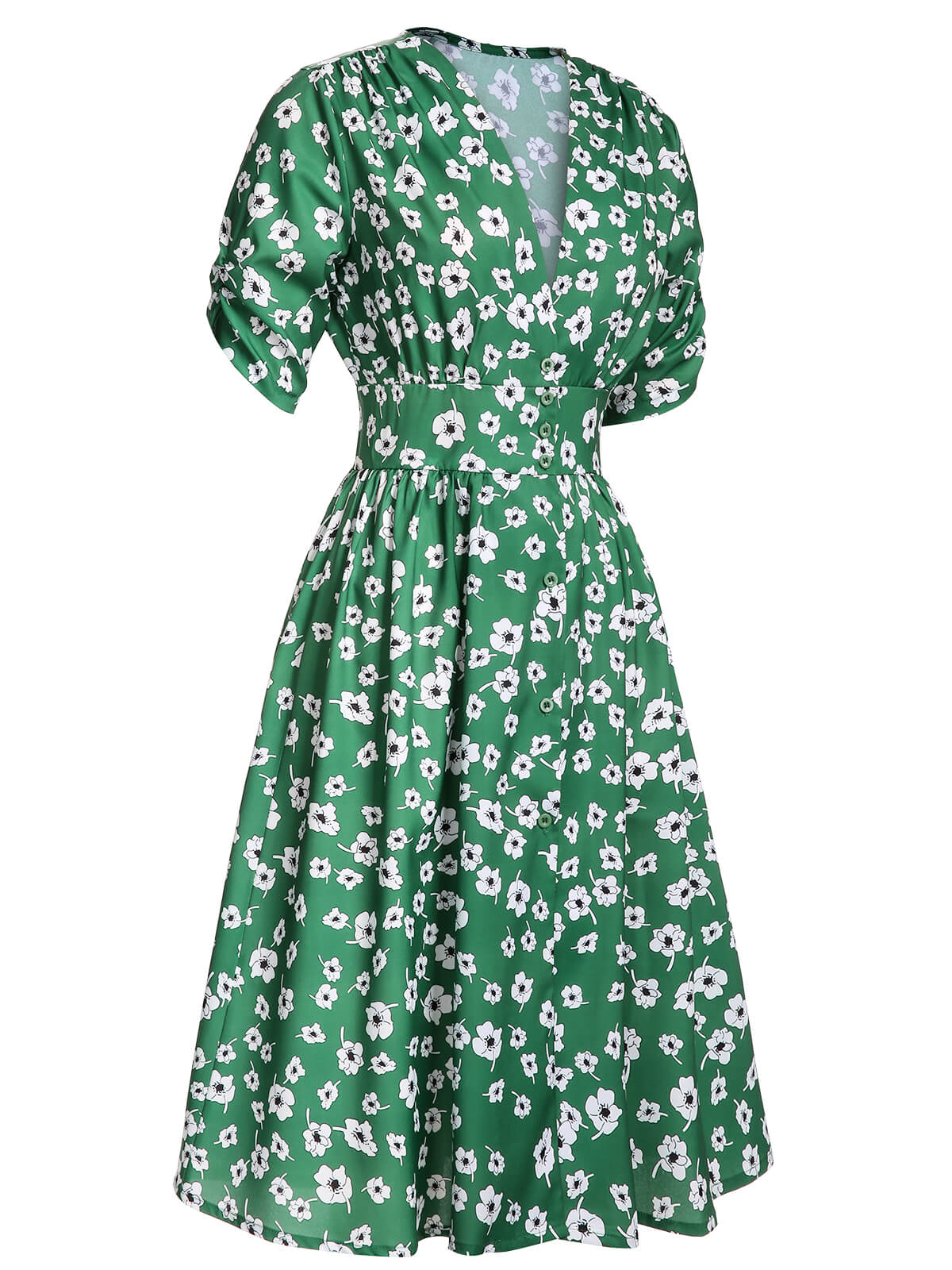 Green 1940s V-Neck Floral Dress - Image 3