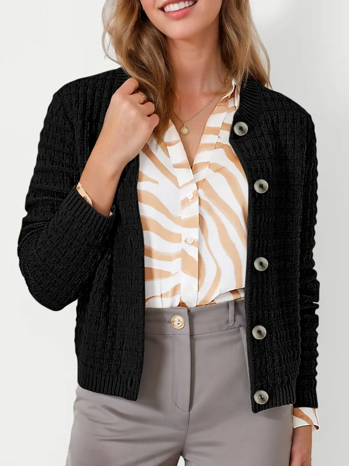 1940s Round Neck Long Sleeve Faux-Woolen Cardigan - Image 10