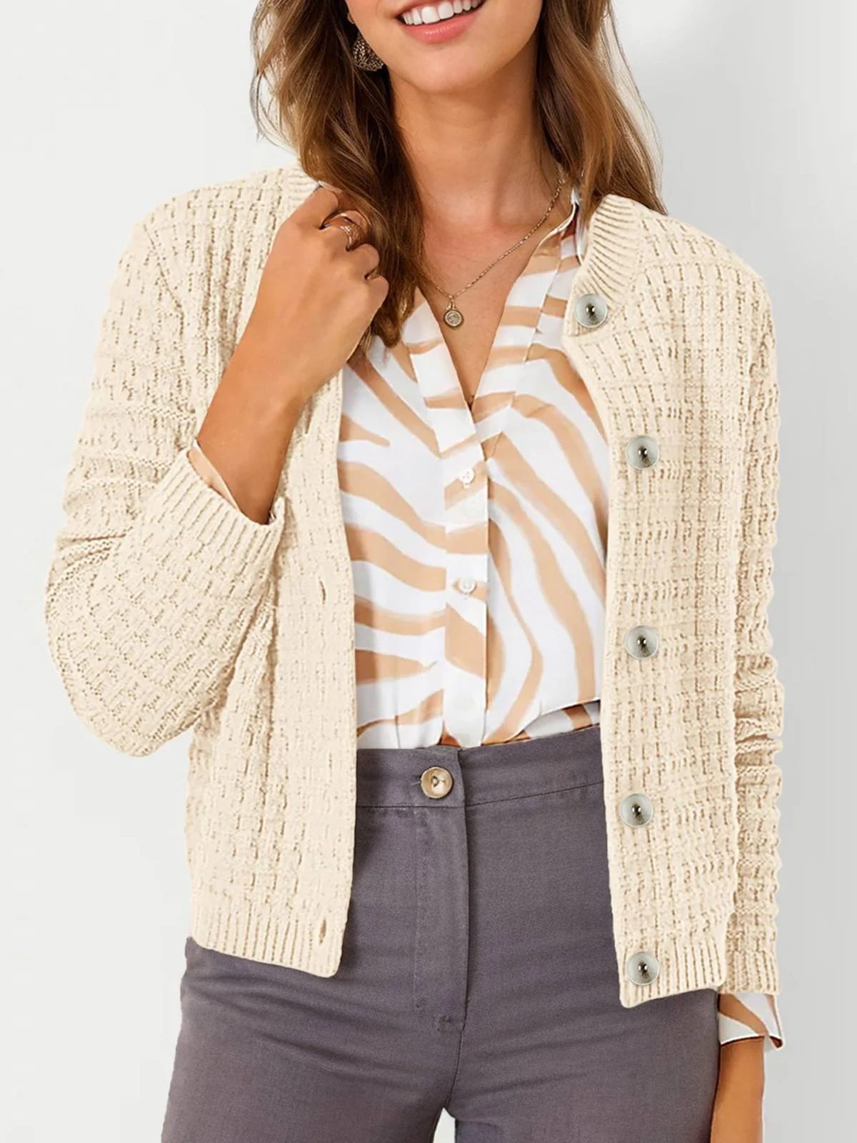 1940s Round Neck Long Sleeve Faux-Woolen Cardigan - Image 3