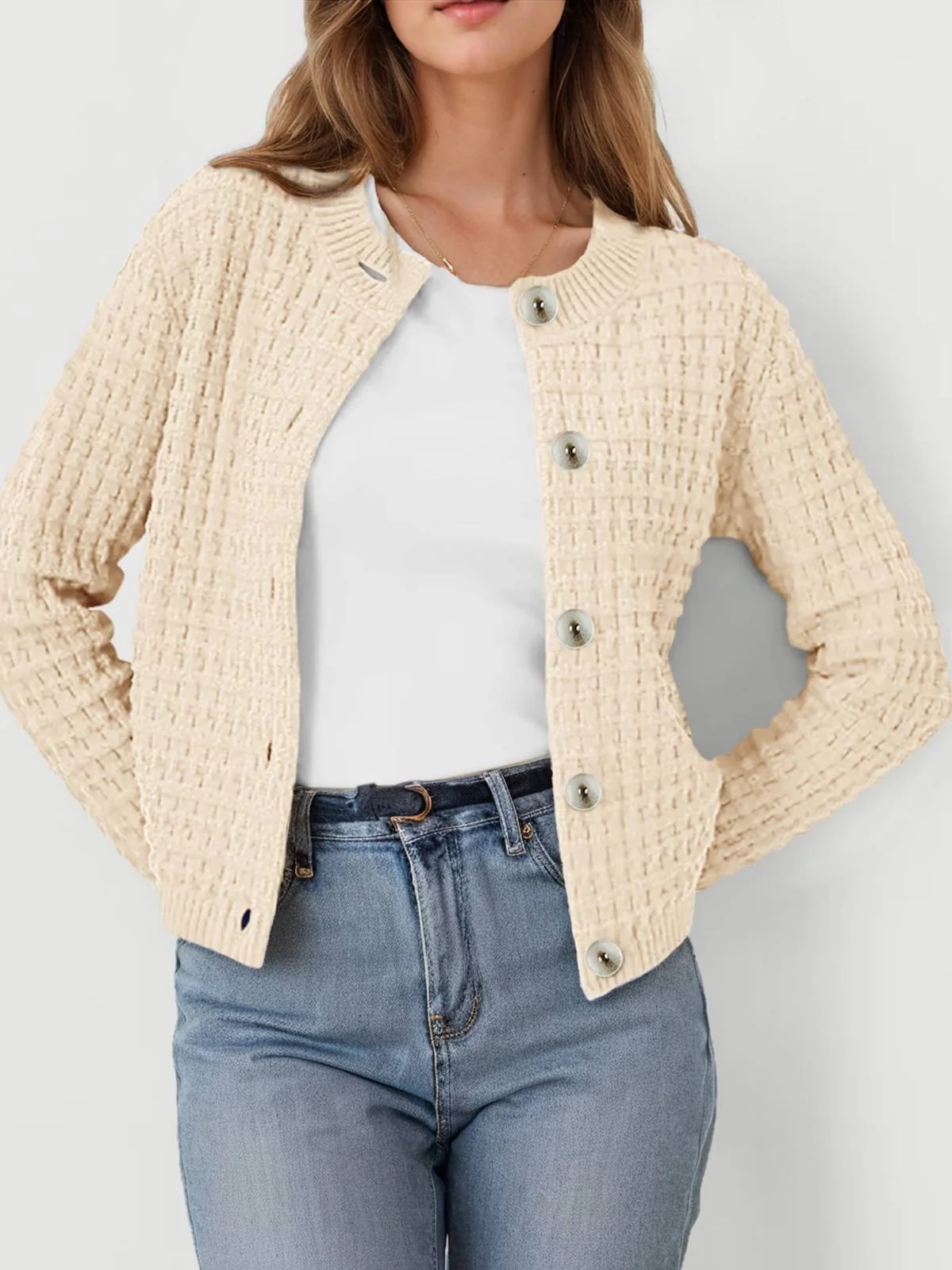 1940s Round Neck Long Sleeve Faux-Woolen Cardigan - Image 4