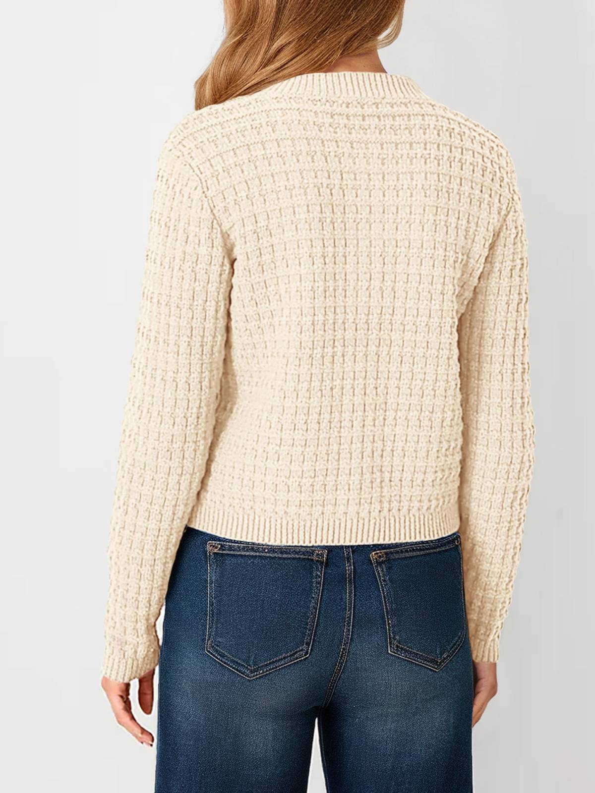 1940s Round Neck Long Sleeve Faux-Woolen Cardigan - Image 5