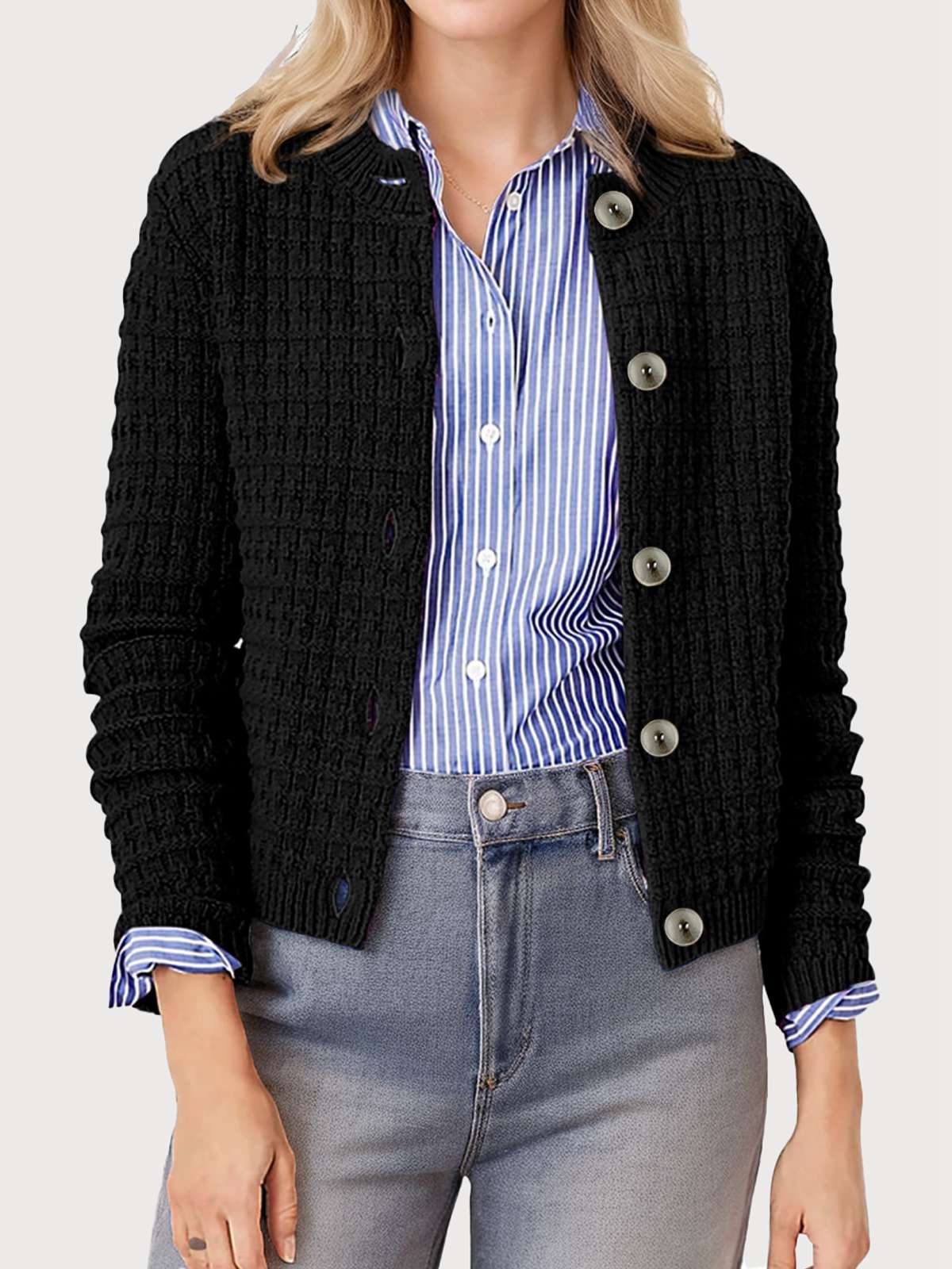 1940s Round Neck Long Sleeve Faux-Woolen Cardigan - Image 7