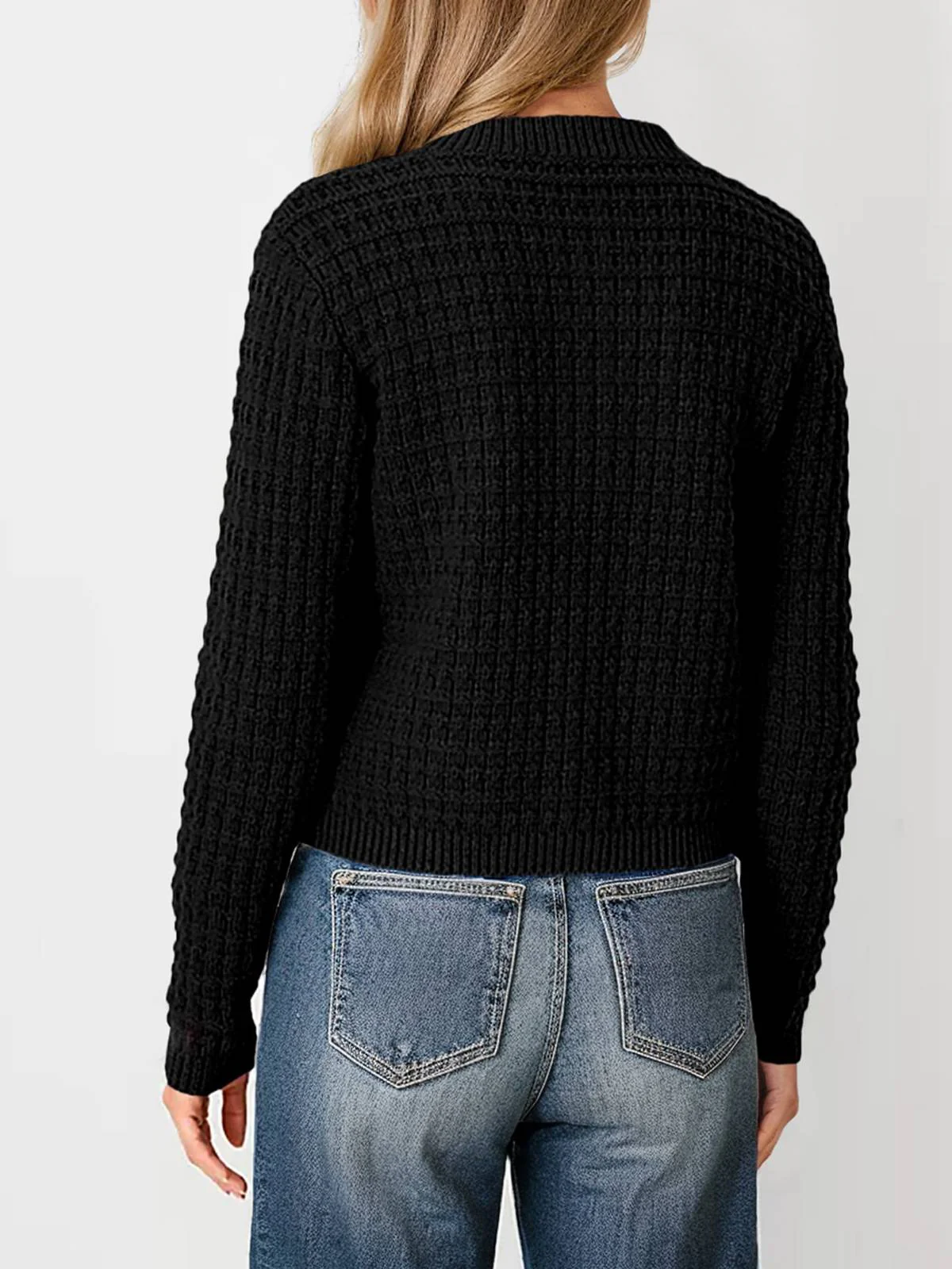 1940s Round Neck Long Sleeve Faux-Woolen Cardigan - Image 8