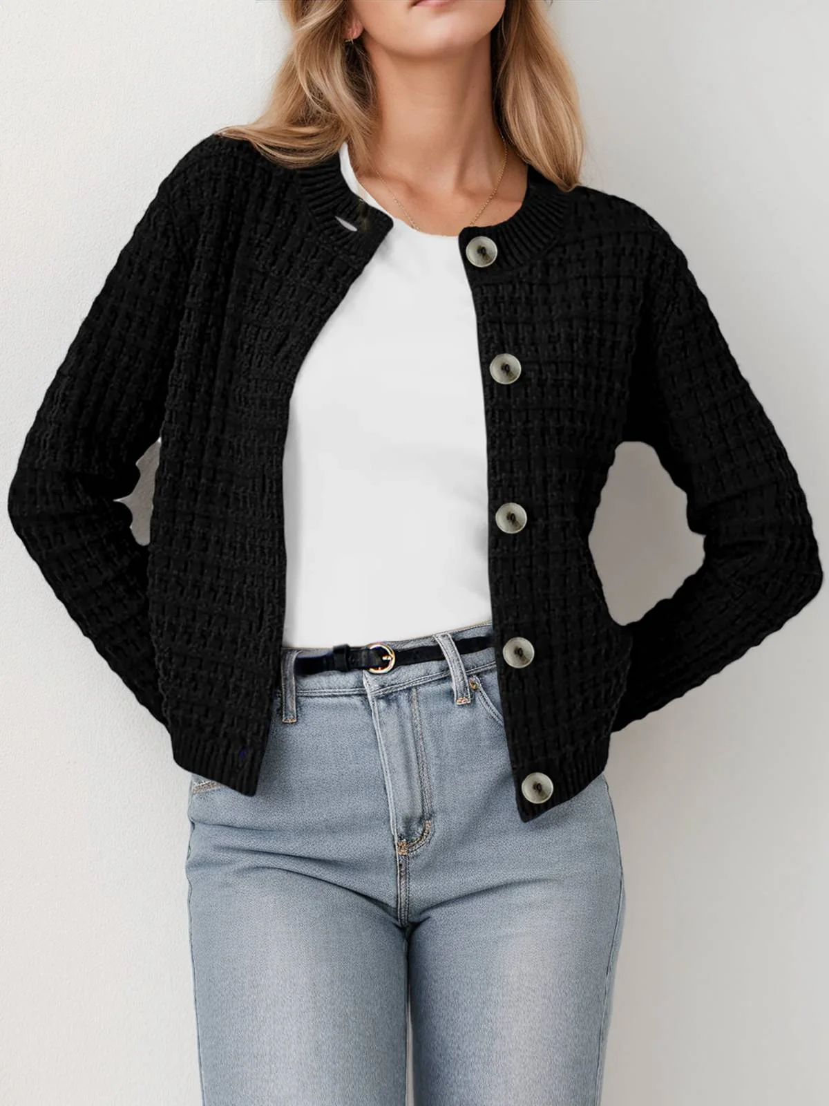 1940s Round Neck Long Sleeve Faux-Woolen Cardigan - Image 9