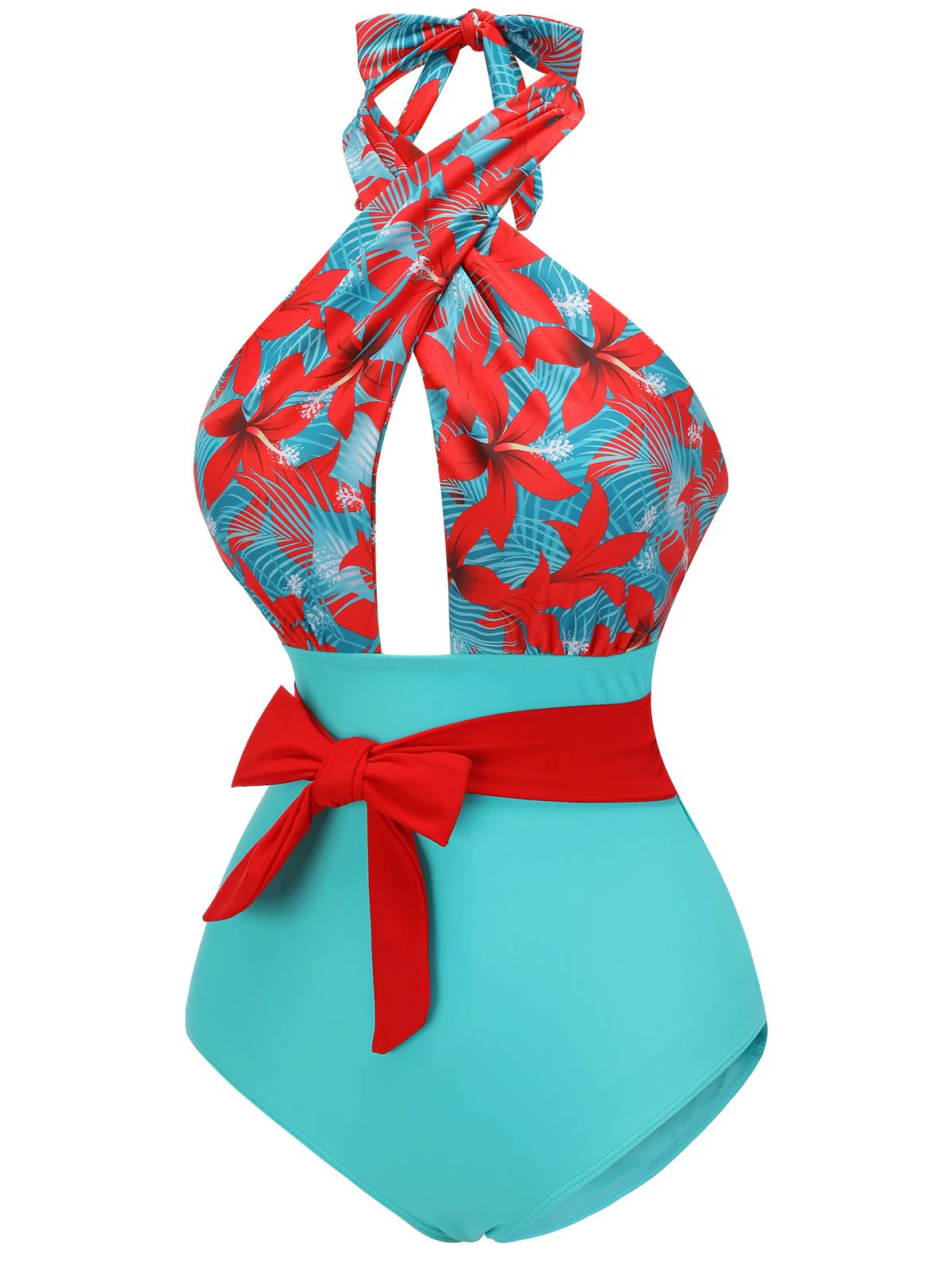 1950s Bow Tie Floral Cross Straps Swimsuit - Image 3
