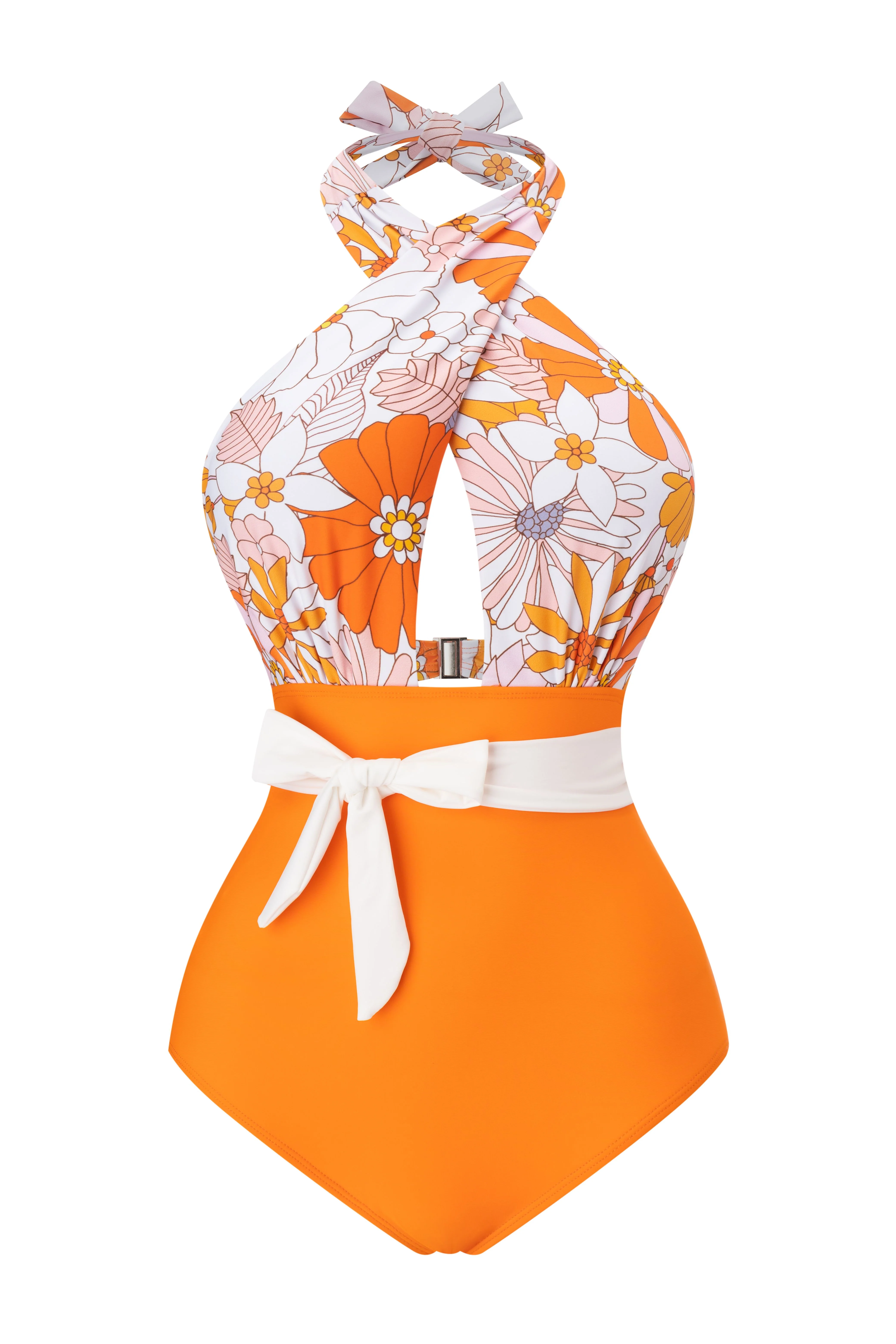 1950s Bow Tie Floral Cross Straps Swimsuit - Image 8