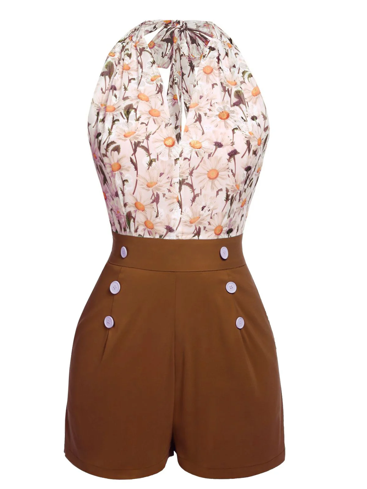 1950s Floral Halter Lace-up Vintage Romper - Image 8