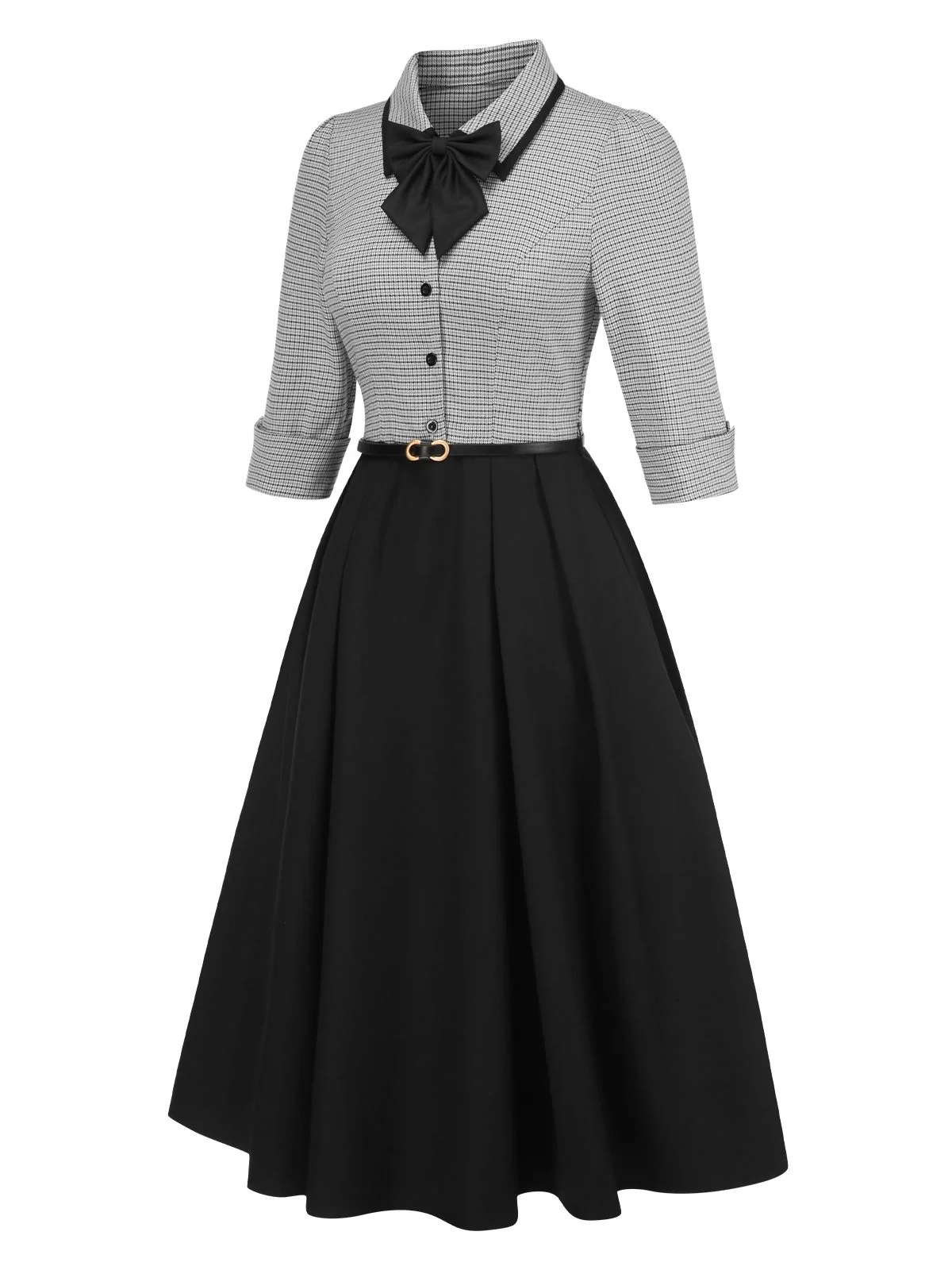 1950s Houndstooth Detachable Bow Collar Dress - Image 3