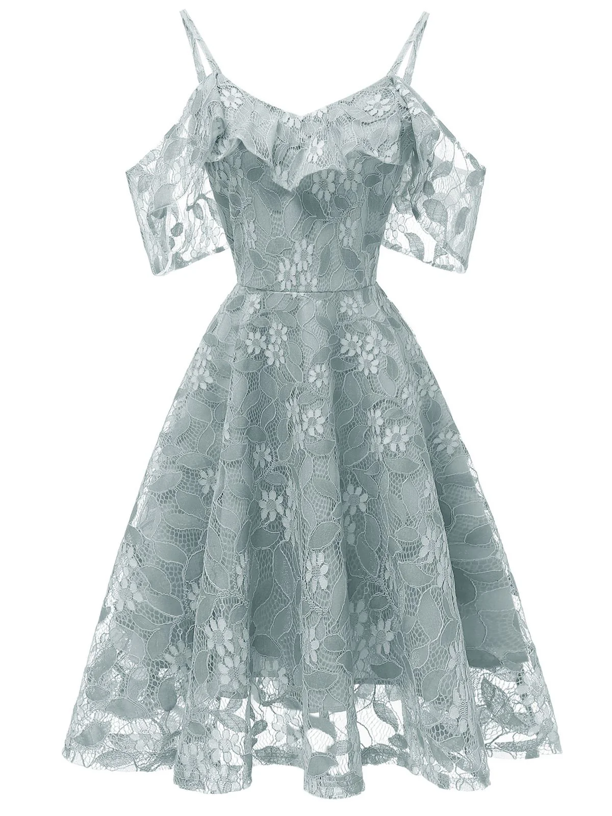 1950s Lace Cold Shoulder Ruffle Dress - Image 17