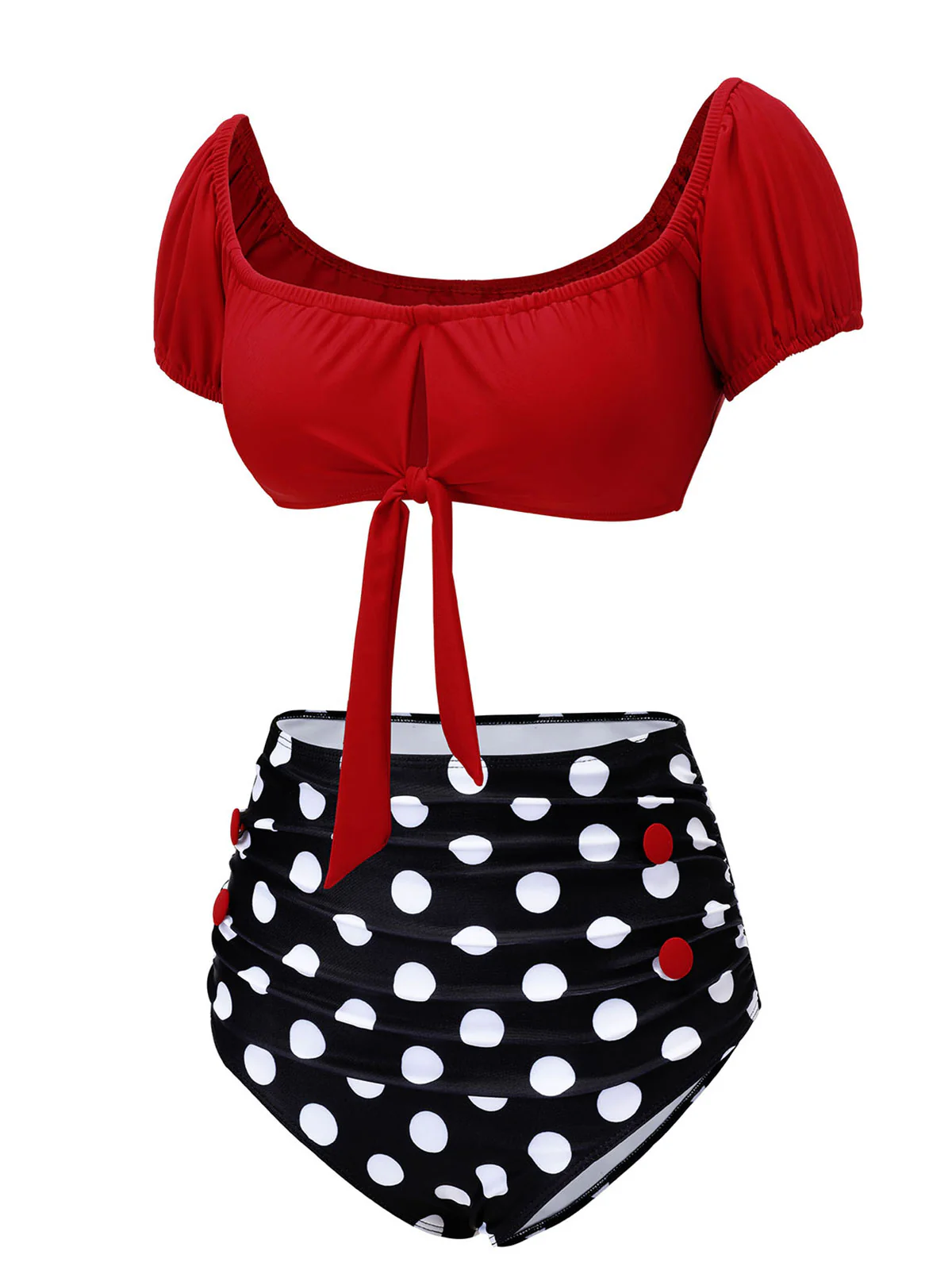 1950s Red & Black Polka Dot Halter Swimsuit - Image 3