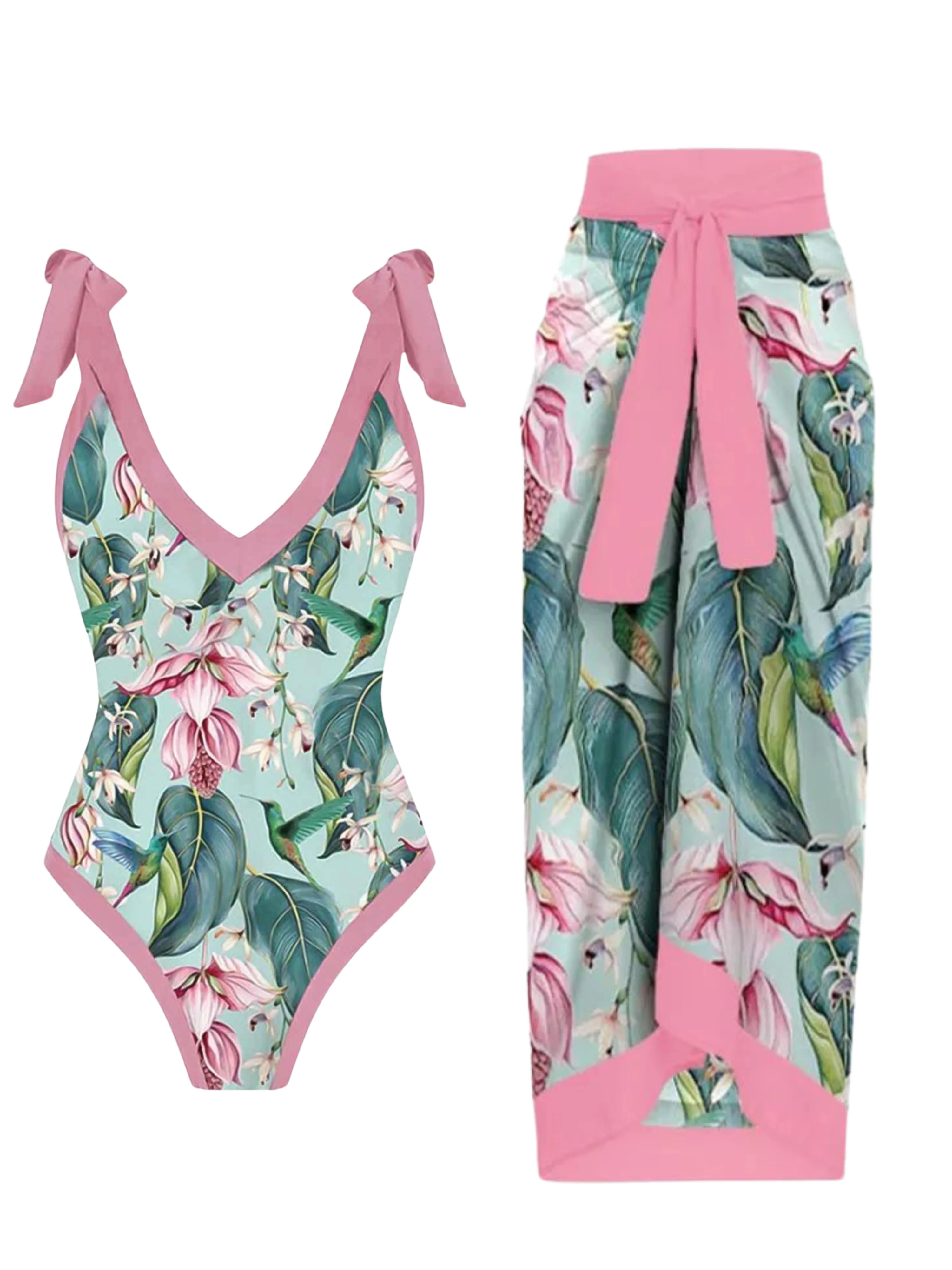 1950s V-Neck Flowers Lacing Swimsuit & Cover Up - Image 12