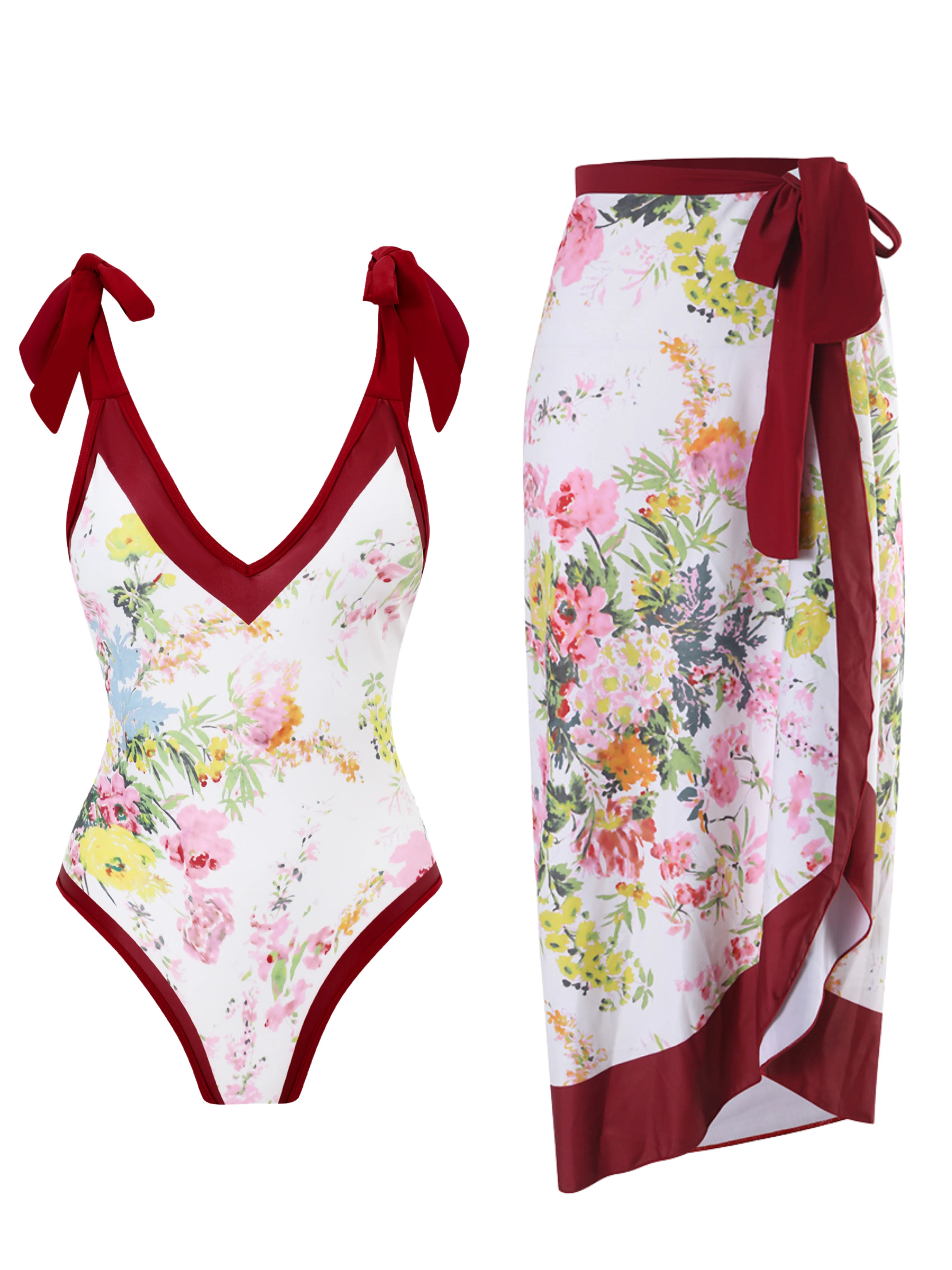1950s V-Neck Flowers Lacing Swimsuit & Cover Up - Image 13