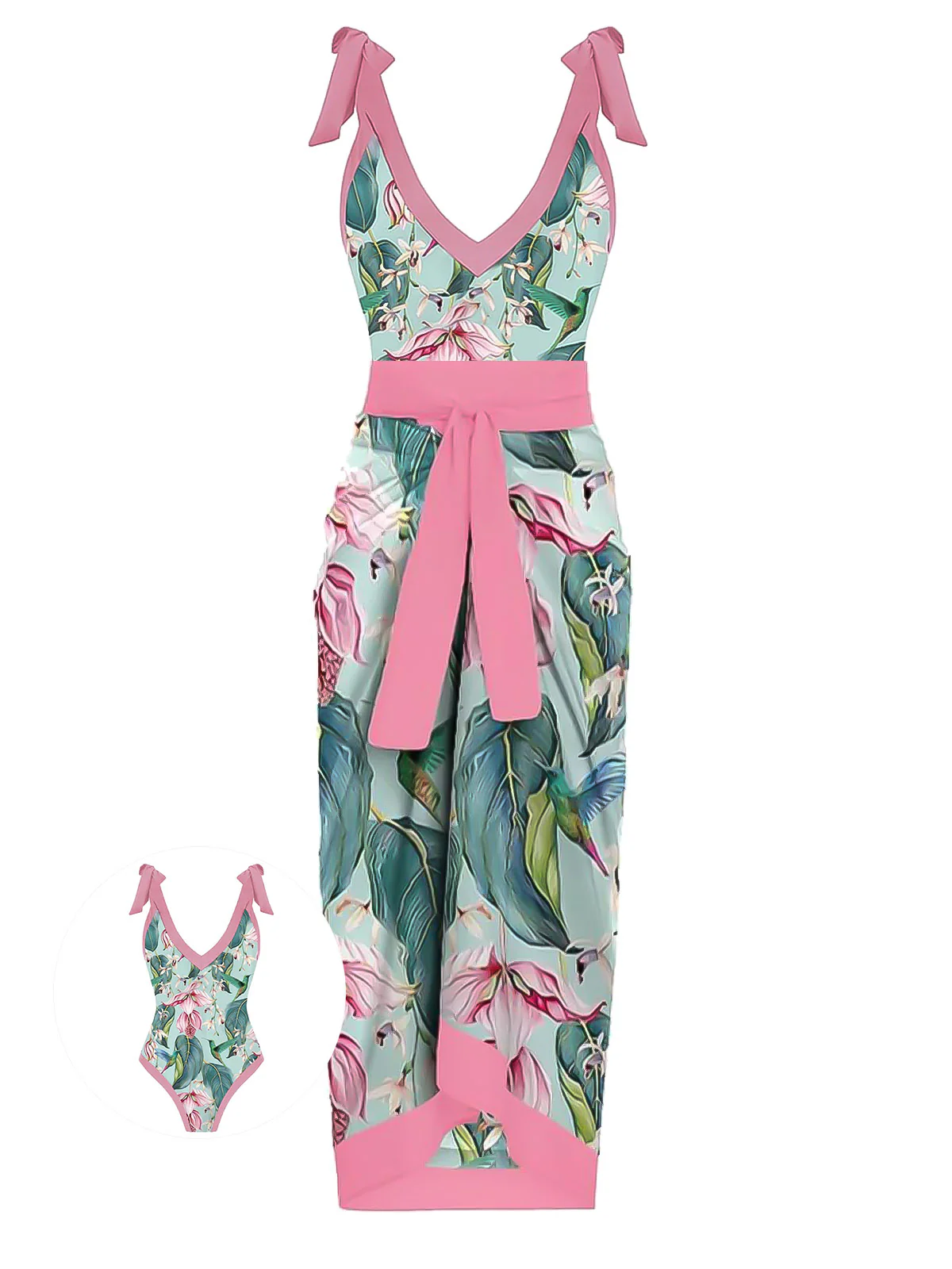 1950s V-Neck Flowers Lacing Swimsuit & Cover Up - Image 3