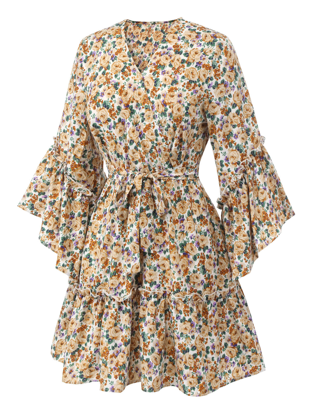1960s Floral Flared Long Sleeve Dress With Belt - Image 3
