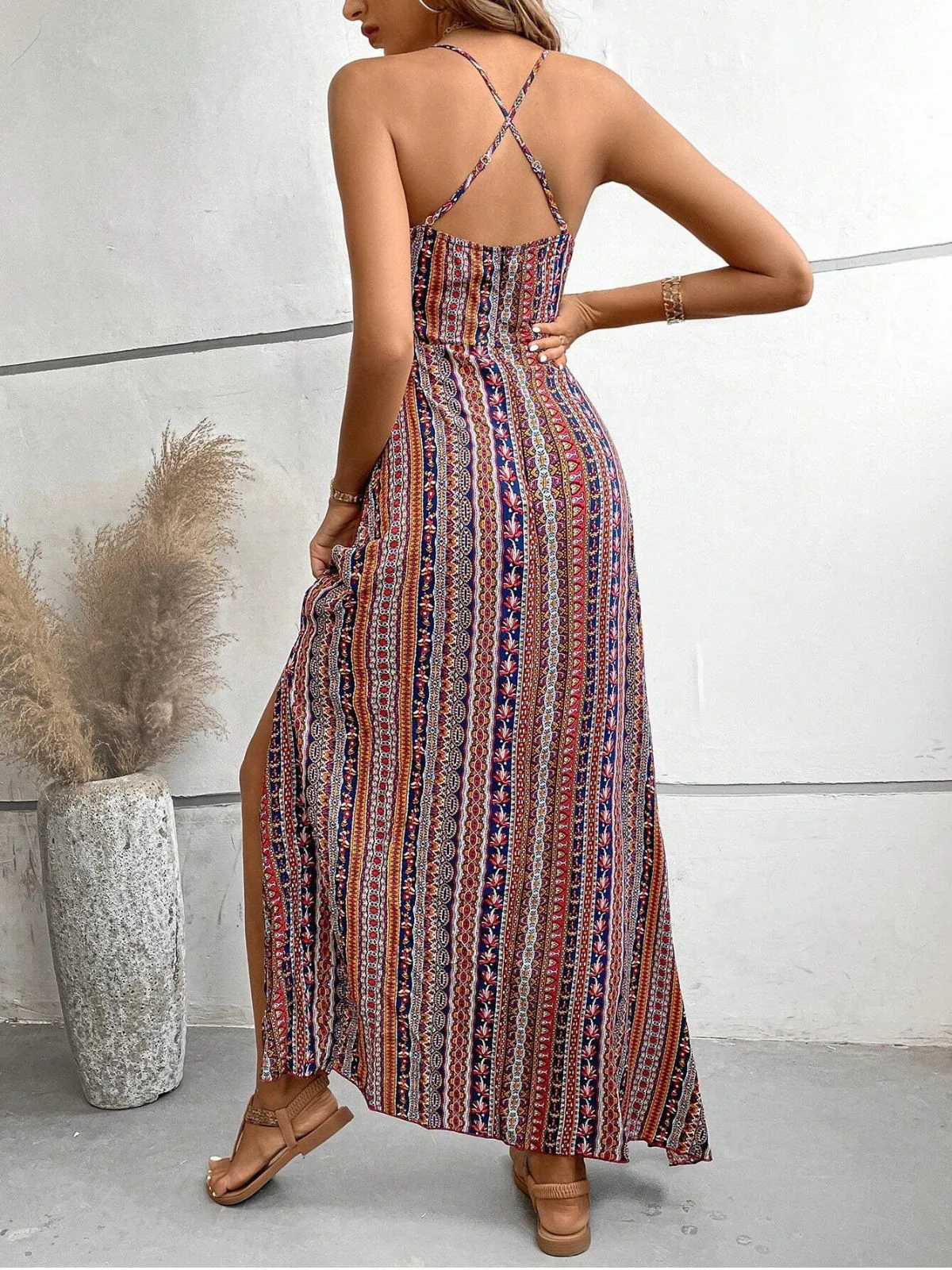 1970s Irregular Print Backless Boho Dress - Image 4