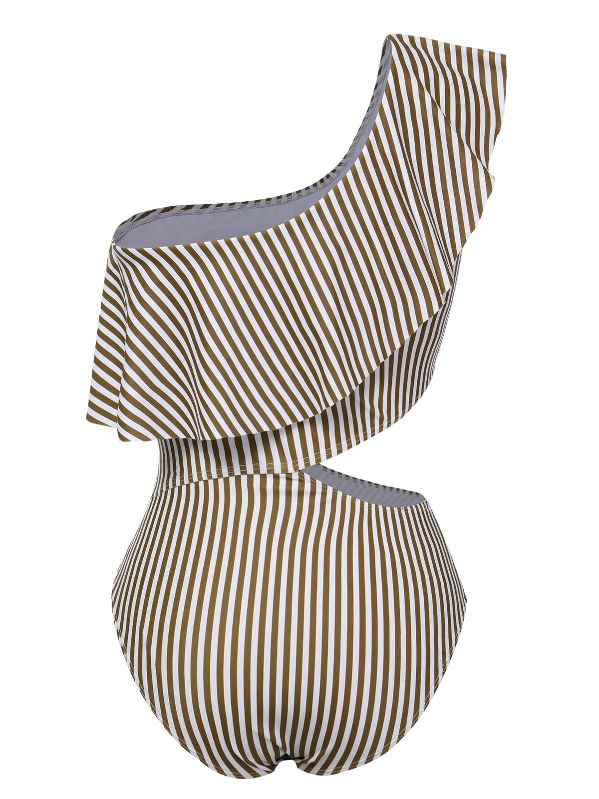 1970s One-Shoulder Stripes Ruffles One-Piece Swimsuit - Image 3