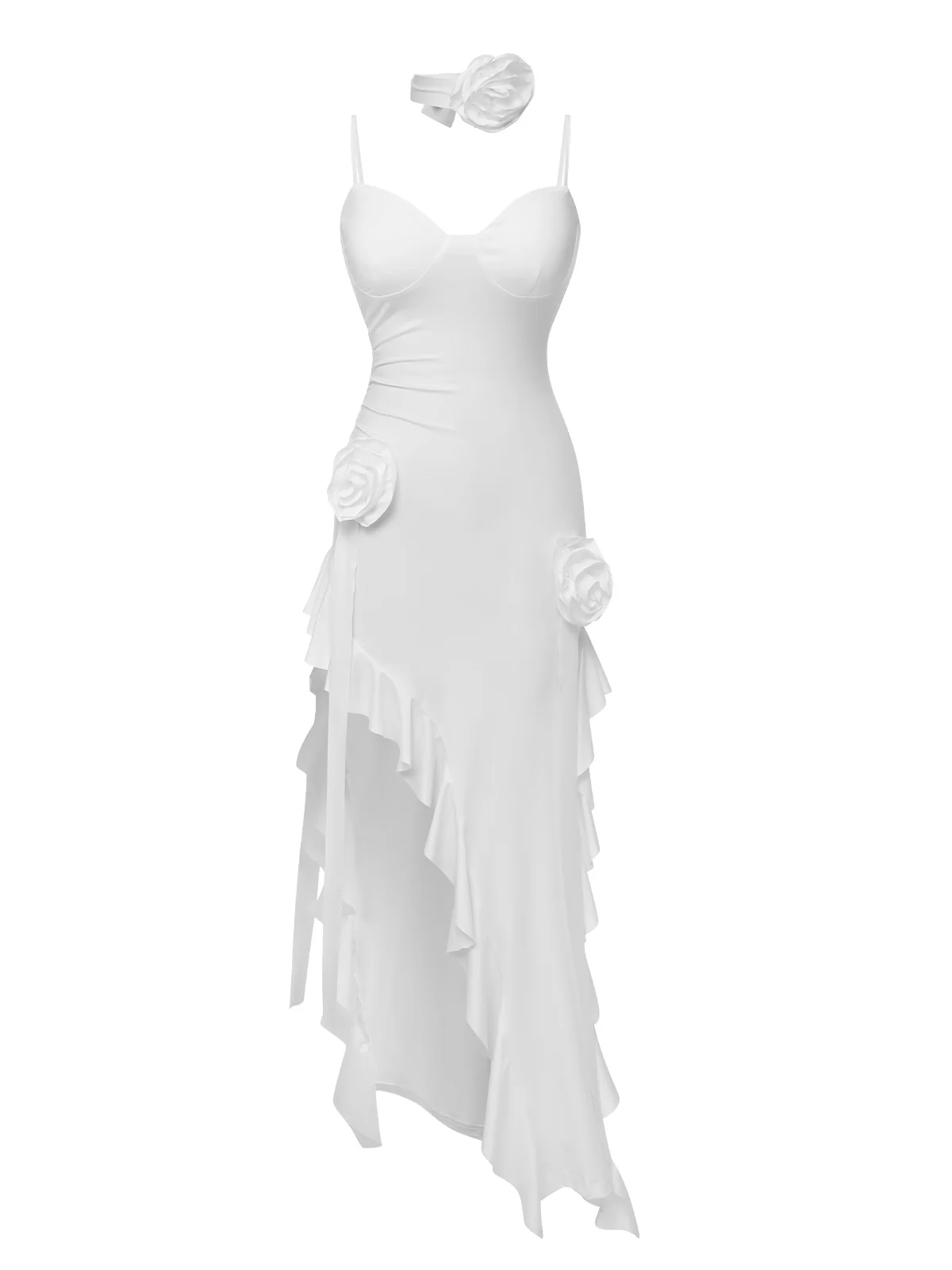 1970s Solid 3D Rose Ruffle High Low Hem Dress - Image 5