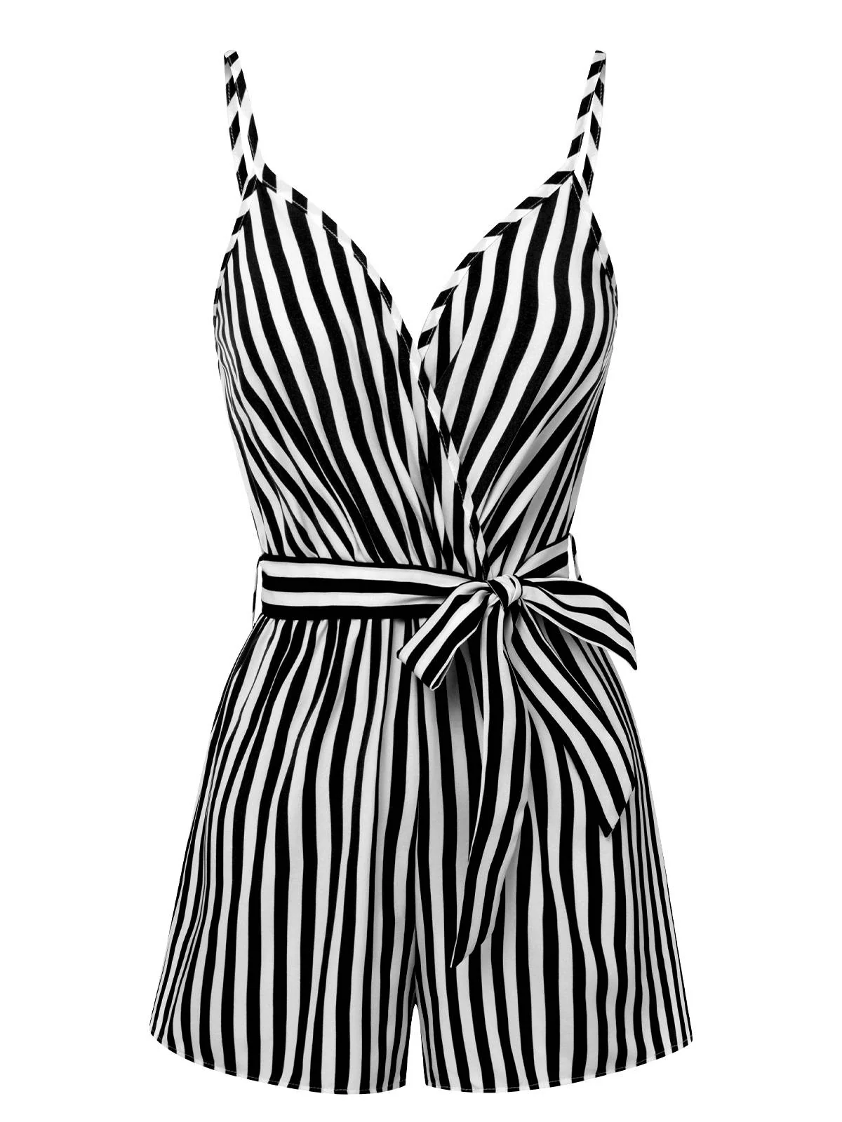 1970s V-Neck Vertical Stripes Lace Up Romper - Image 6