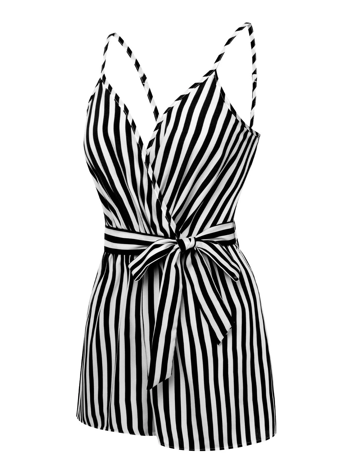1970s V-Neck Vertical Stripes Lace Up Romper - Image 7