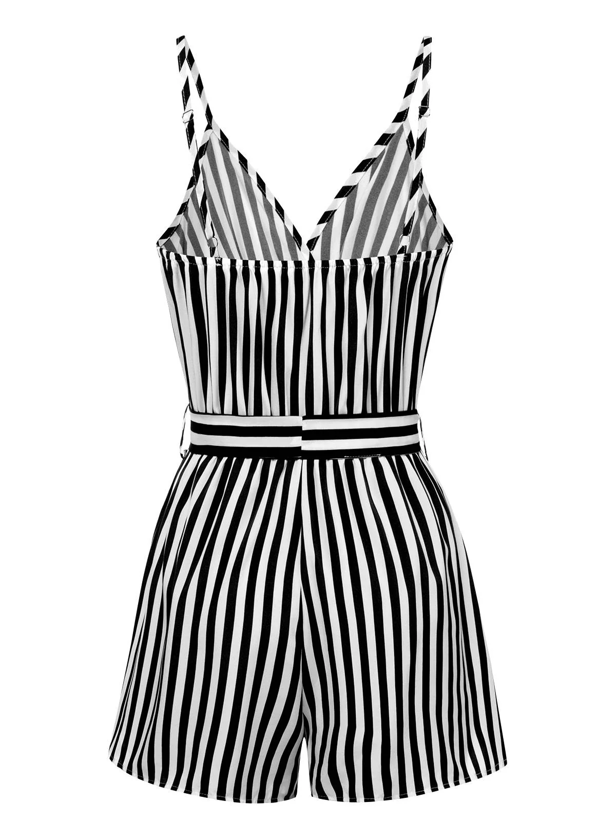 1970s V-Neck Vertical Stripes Lace Up Romper - Image 8