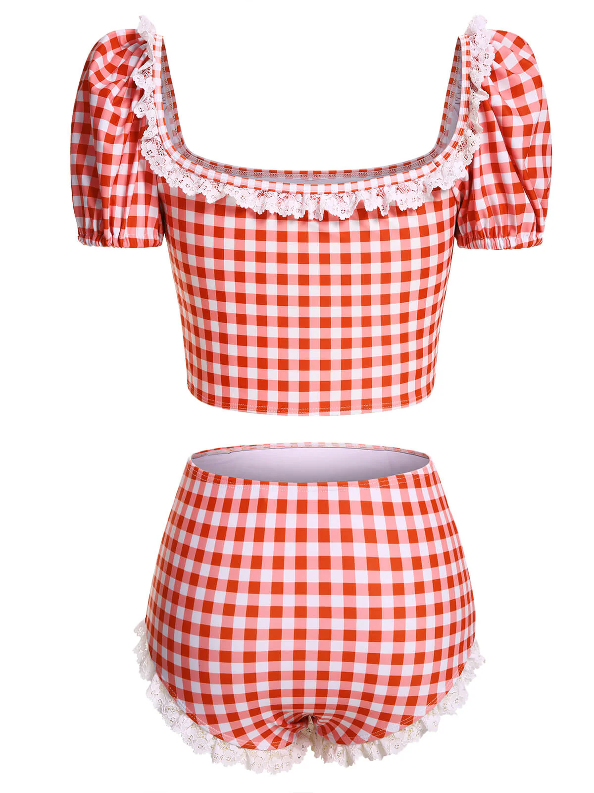 2PCS 1960s Plaid Lace Patchwork Swimsuit - Image 4