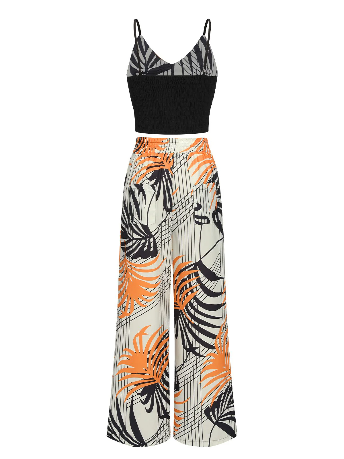 2PCS 1970s Plant Prints V-Neck Short Strap Top & Pants - Image 3