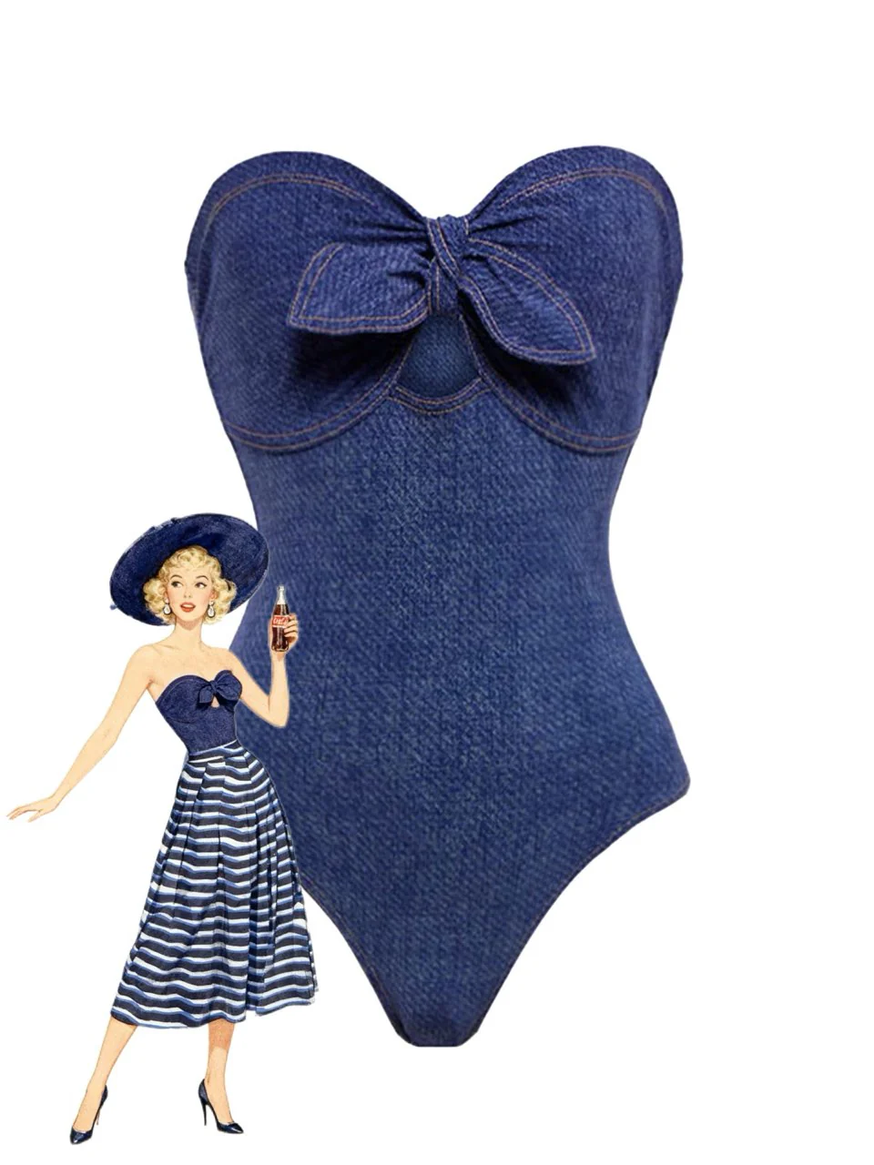 2PCS 1980s Strapless Denim Bow Swimsuit & Striped Cover-Up - Image 3