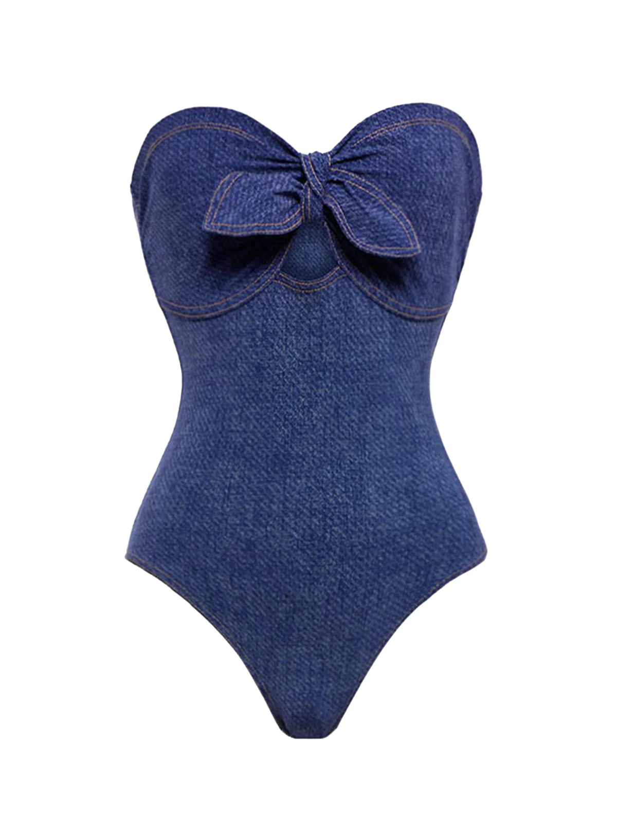 2PCS 1980s Strapless Denim Bow Swimsuit & Striped Cover-Up - Image 4