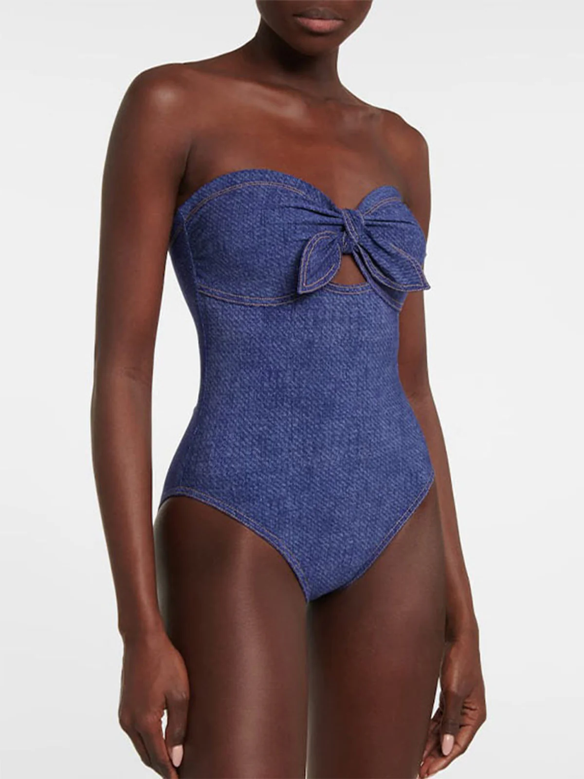 2PCS 1980s Strapless Denim Bow Swimsuit & Striped Cover-Up - Image 7