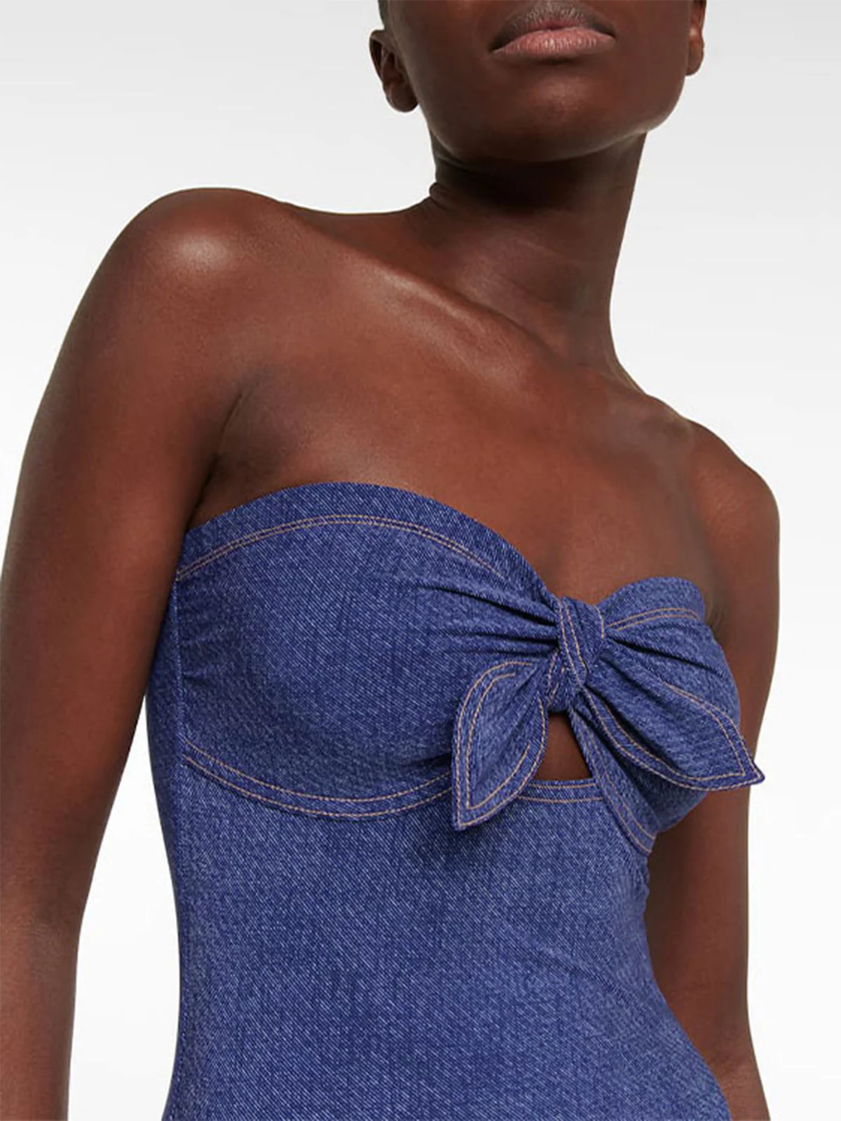 2PCS 1980s Strapless Denim Bow Swimsuit & Striped Cover-Up - Image 8