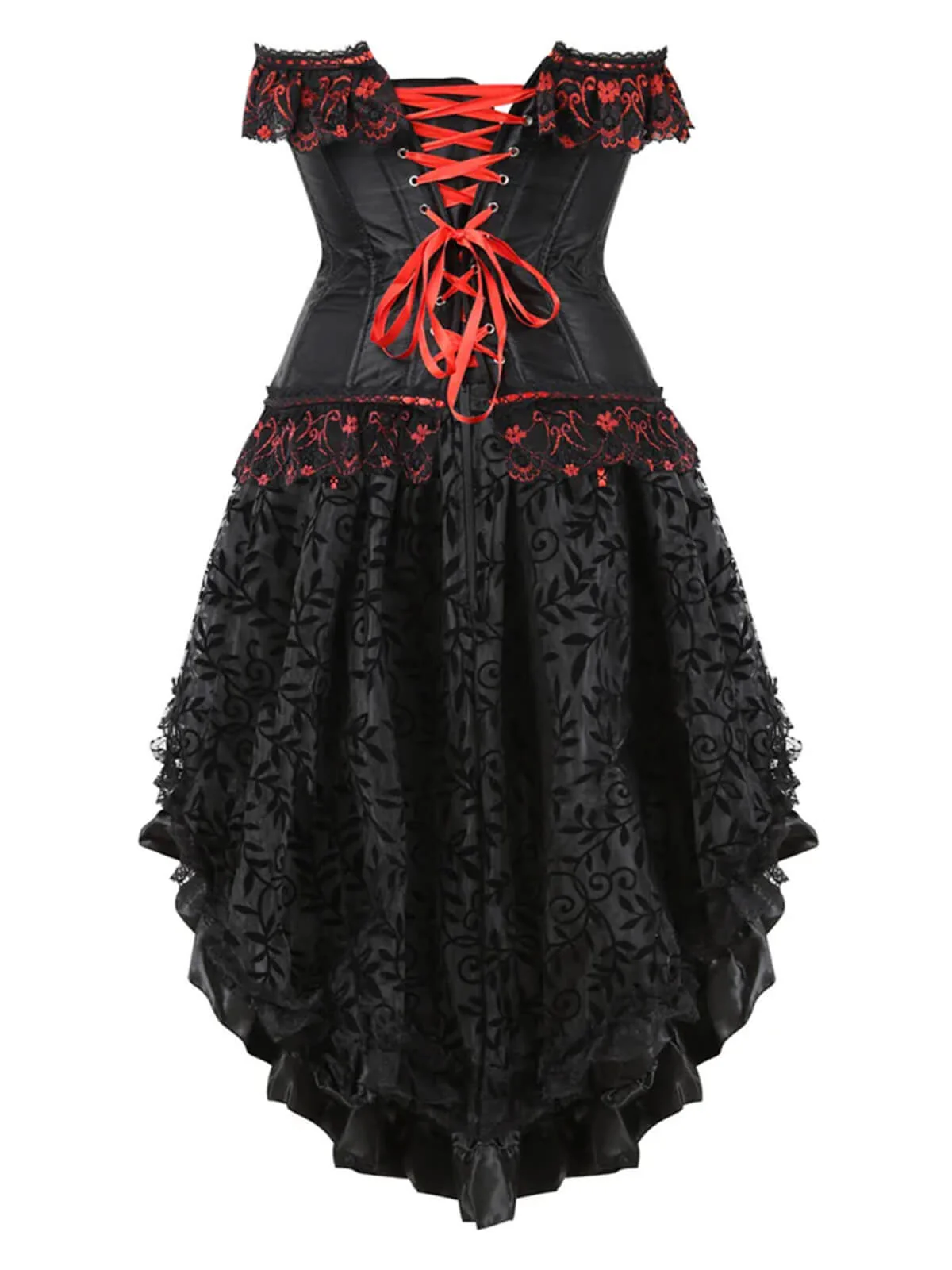 2PCS Black & Red 1970s Steampunk Bow Corset & Skirt - Image 3