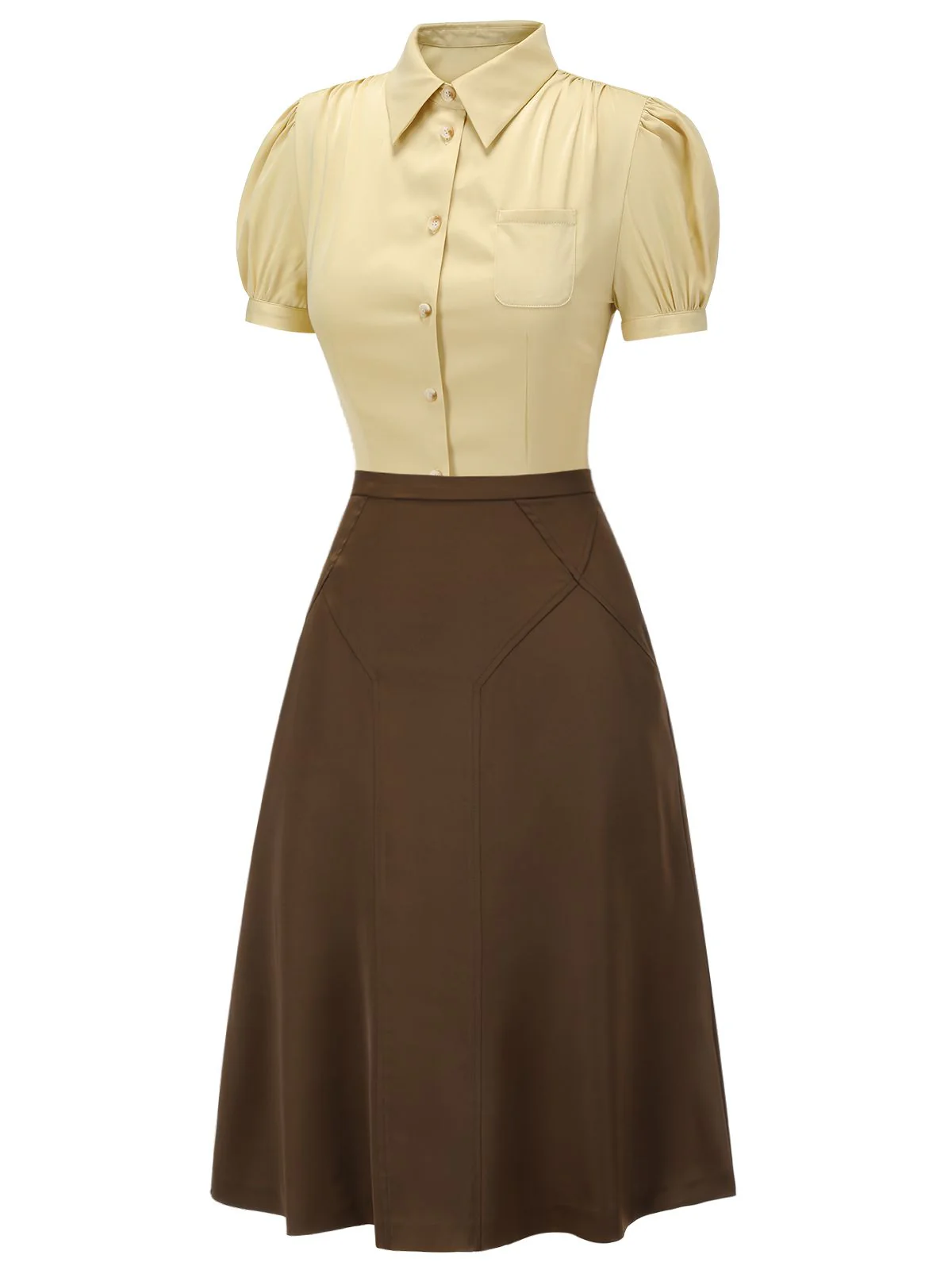 2PCS Lapel Puff Sleeve Solid Blouse & High Waist Skirt - Image 3