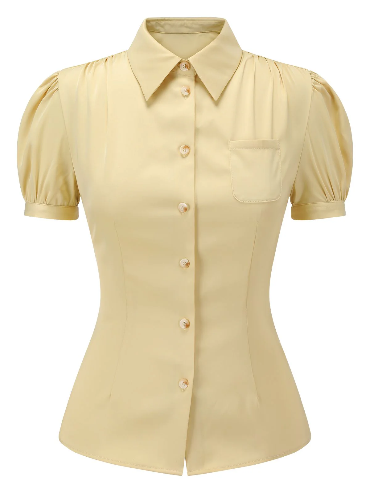 2PCS Lapel Puff Sleeve Solid Blouse & High Waist Skirt - Image 5