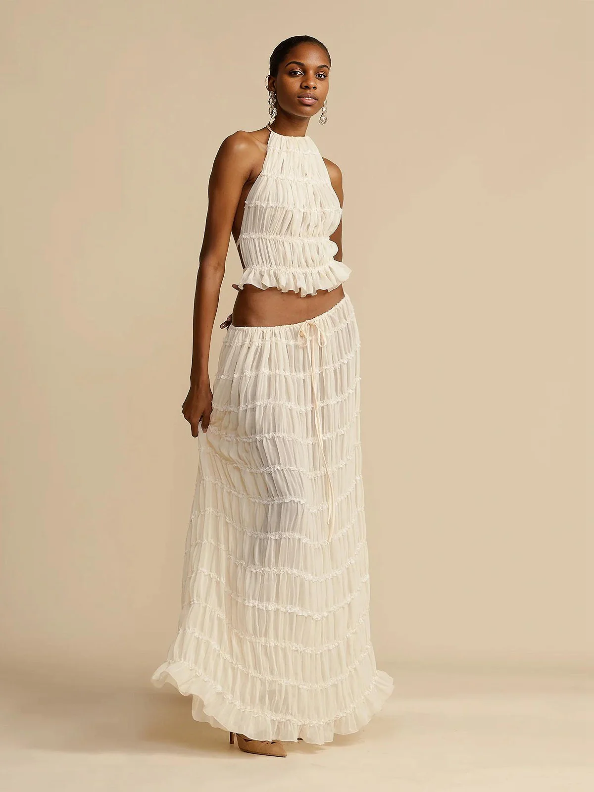 2PCS White 1970s Wrinkle Halter Backless Top & Skirts - Image 3