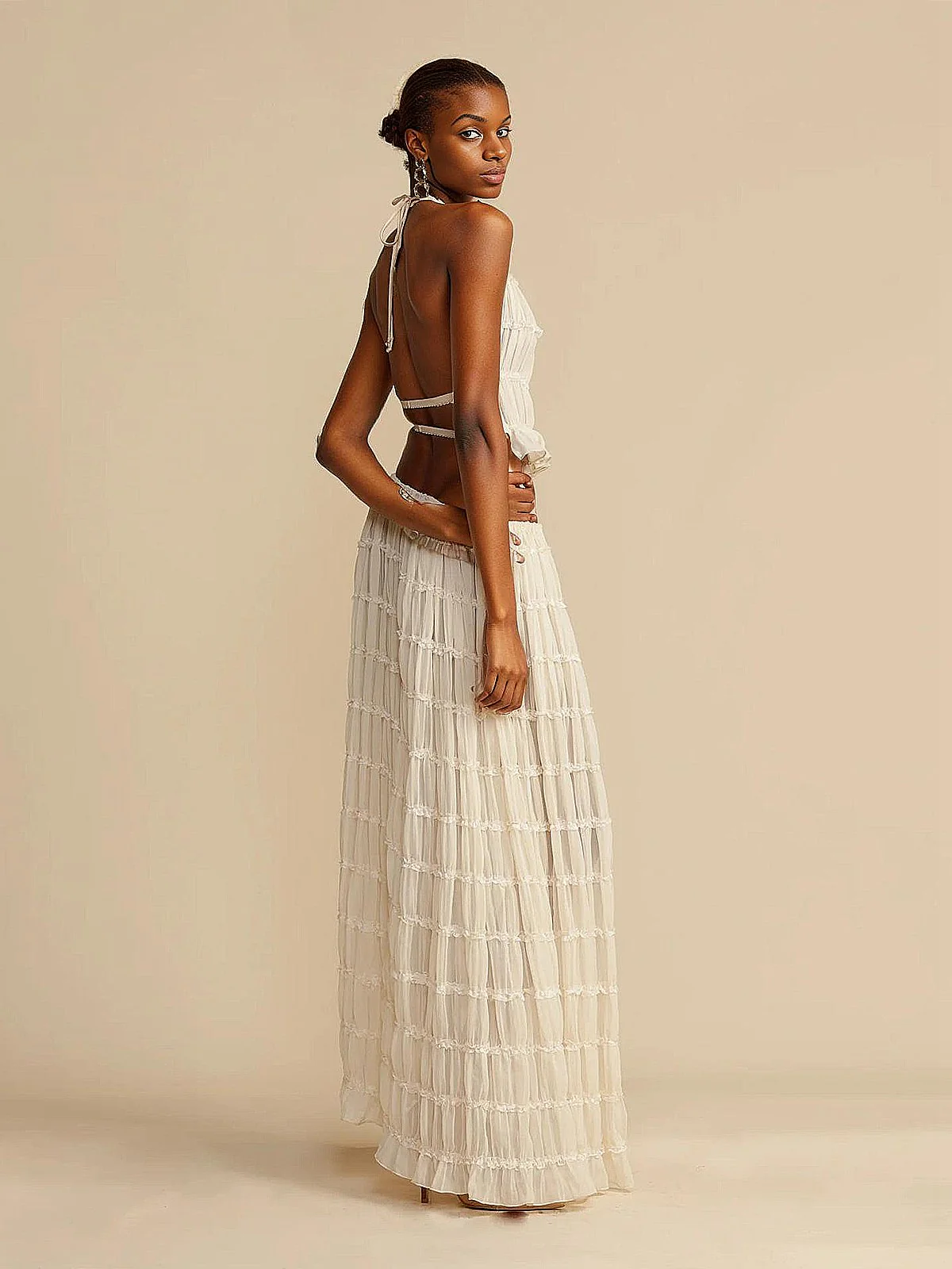 2PCS White 1970s Wrinkle Halter Backless Top & Skirts - Image 4