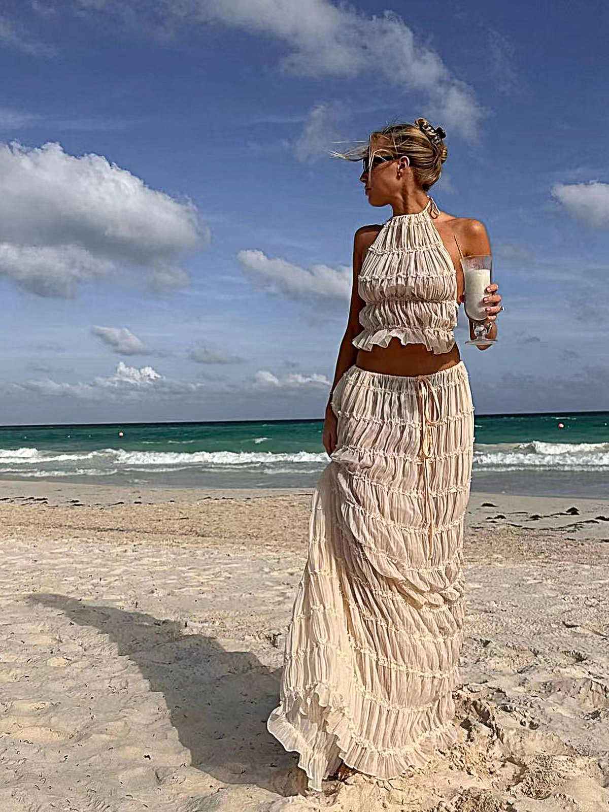 2PCS White 1970s Wrinkle Halter Backless Top & Skirts - Image 5