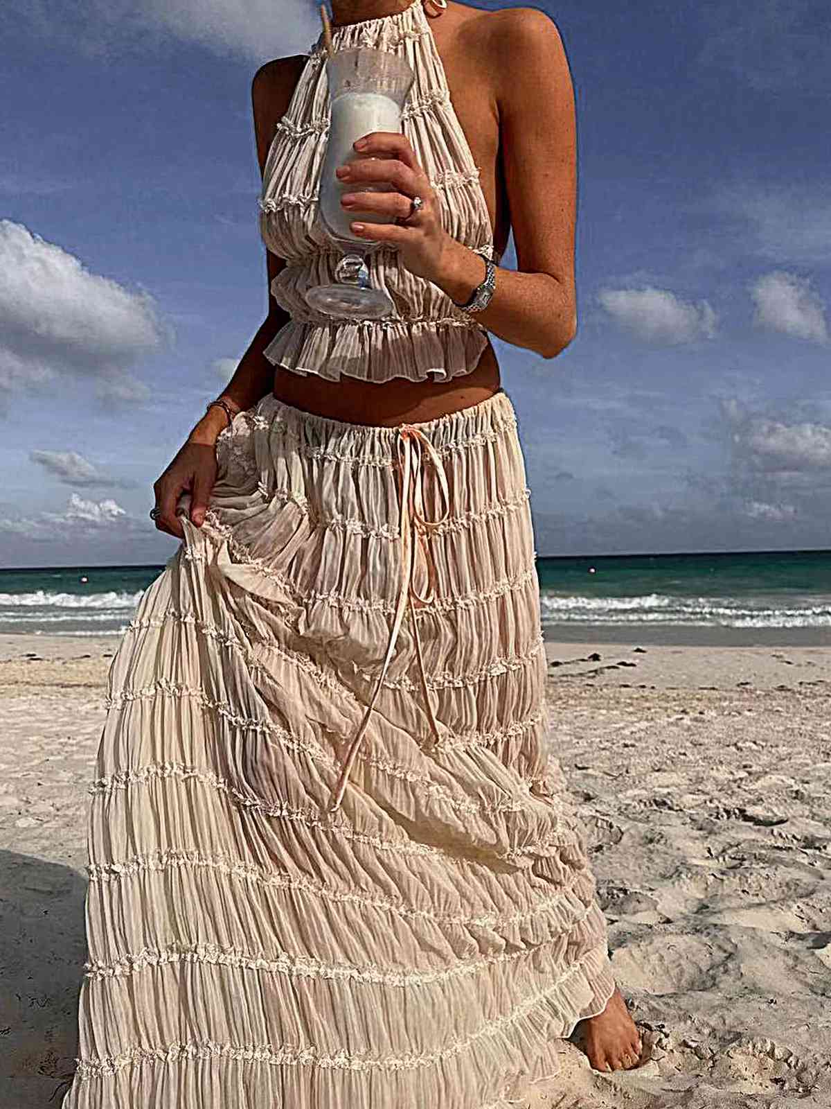 2PCS White 1970s Wrinkle Halter Backless Top & Skirts - Image 6