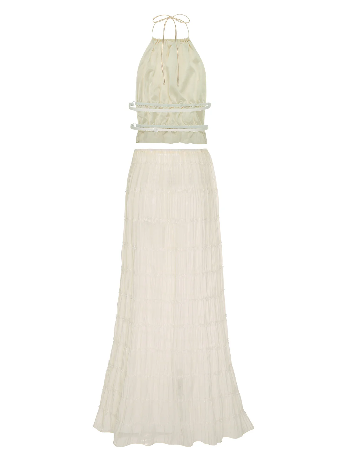 2PCS White 1970s Wrinkle Halter Backless Top & Skirts - Image 8