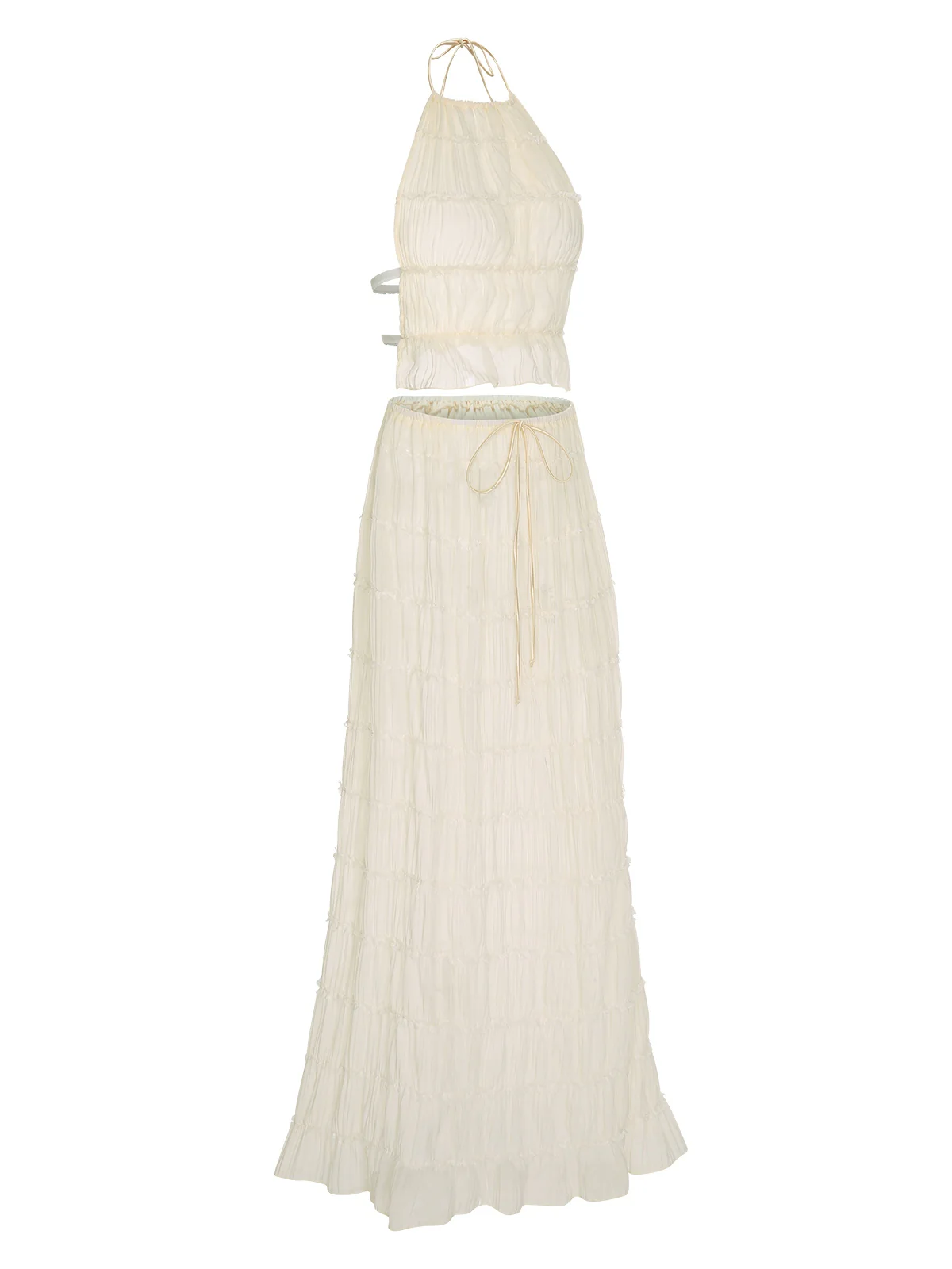 2PCS White 1970s Wrinkle Halter Backless Top & Skirts - Image 9