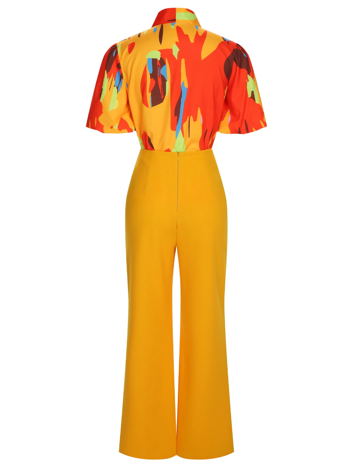 2PCS Yellow 1970s Tie Bow Colorblock Blouse & Bottons Pants - Image 3