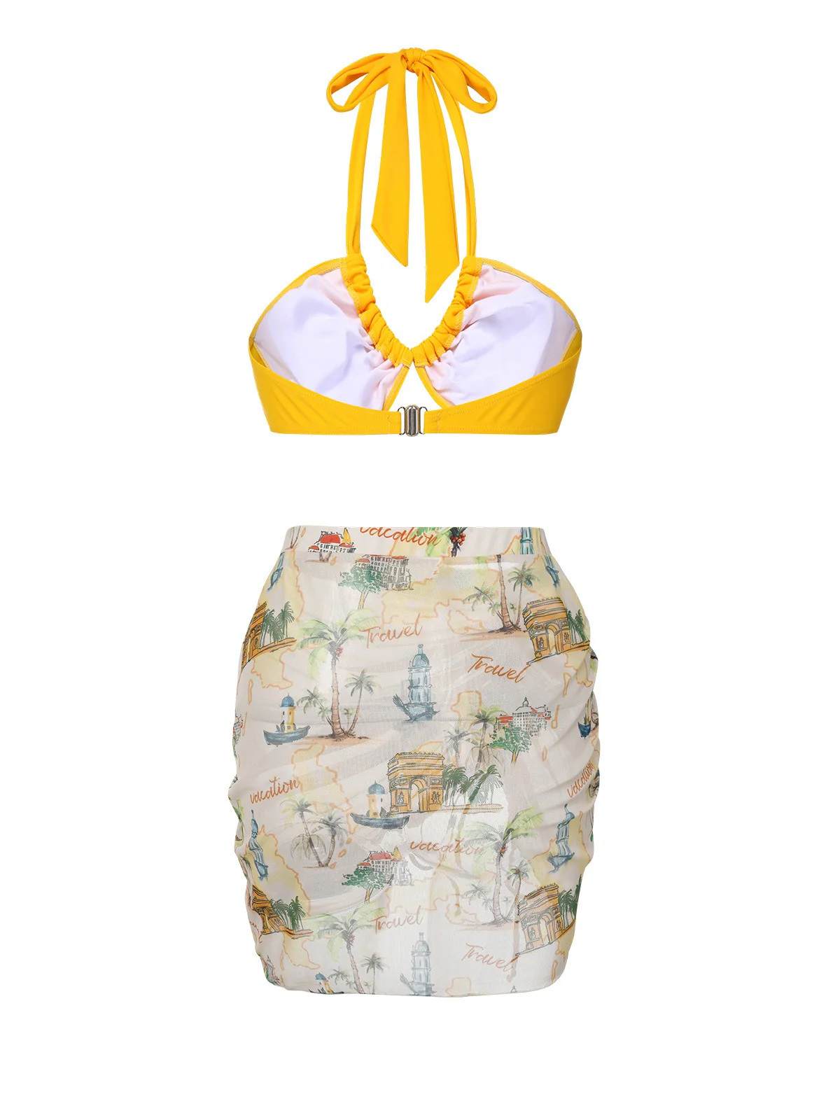 2PCS Yellow 1970s Retro Architectural Pattern Swimsuit & Cover-Up - Image 3