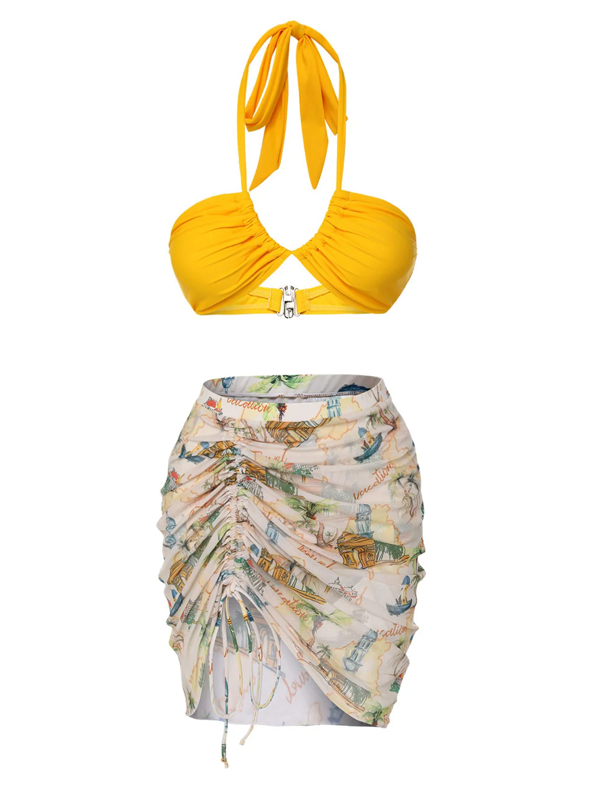 2PCS Yellow 1970s Retro Architectural Pattern Swimsuit & Cover-Up - Image 4