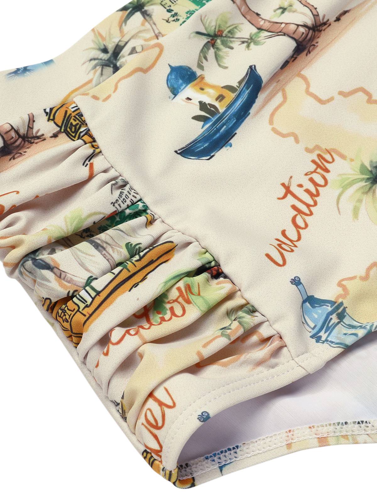 2PCS Yellow 1970s Retro Architectural Pattern Swimsuit & Cover-Up - Image 8