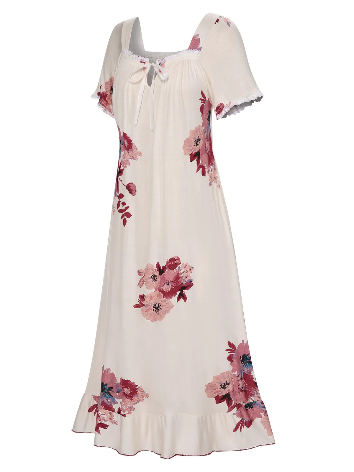 Beige 1930s Floral Square Collar Ruffles Puff Nightgowns - Image 4