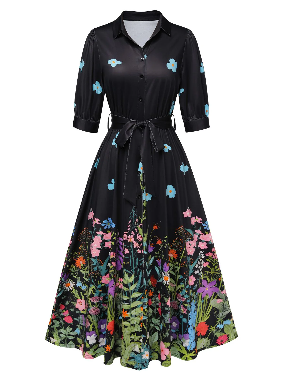 Light Blue 1940s Floral Shirt Neck Belt Dress - Image 3