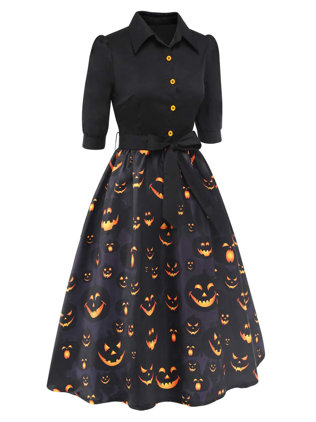 Black 1940s Halloween Lapel Pumpkin Belted Dress - Image 3