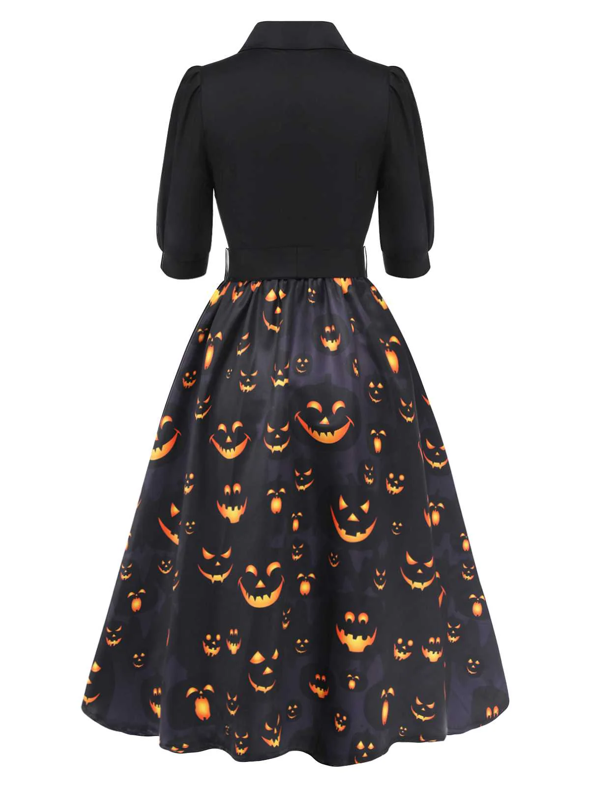 Black 1940s Halloween Lapel Pumpkin Belted Dress - Image 4