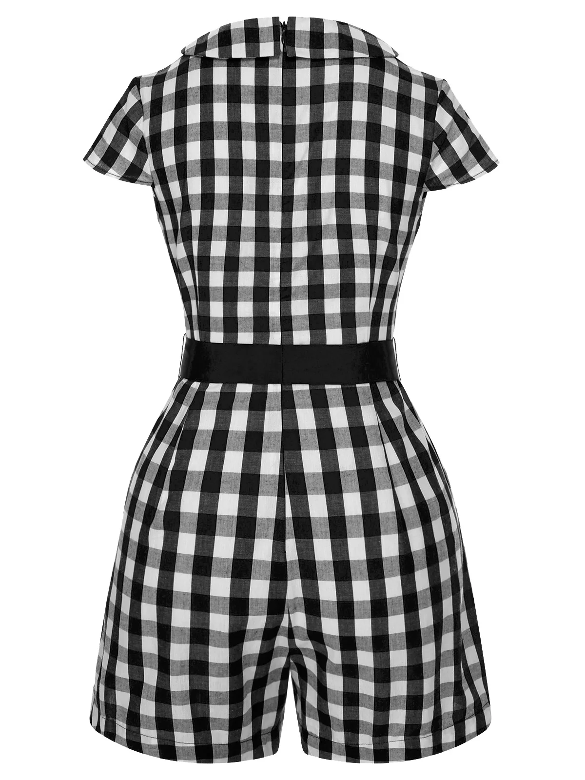 Red 1940s Lapel Plaids Belted Romper - Image 10